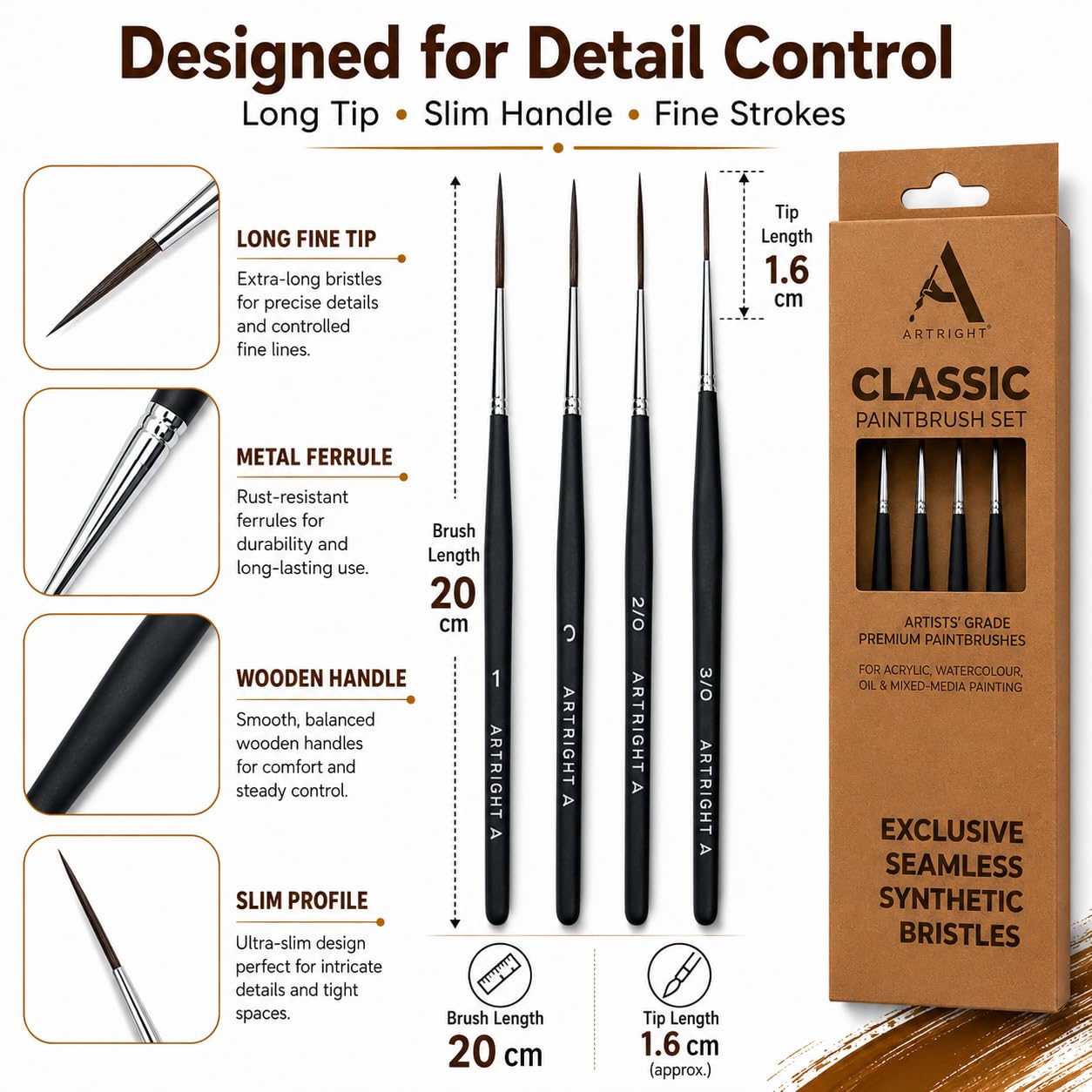 ArtRight Long Liner Detailing Brush Set of 4 - Professional Artist Painting Brush Set for Acrylic, Miniature, Nail Art, Model, Idol Painting (Set of 4 Paintbrush Wood) 2