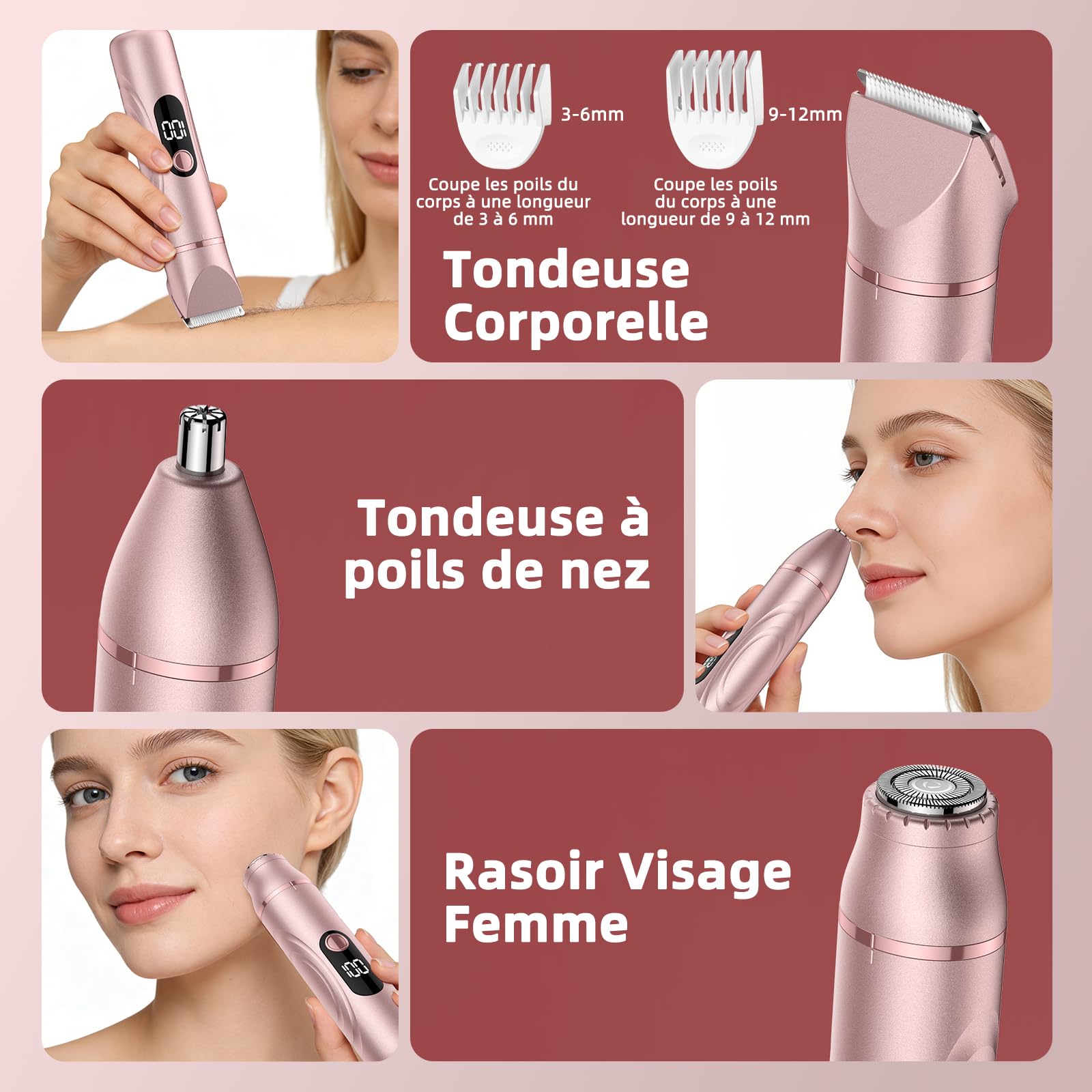 Rasoir Électrique Femme 3 en 1 pour le Corps, le Pubis et le Nez Utilisation Humide et Sèche Tondeuse Rechargeable
