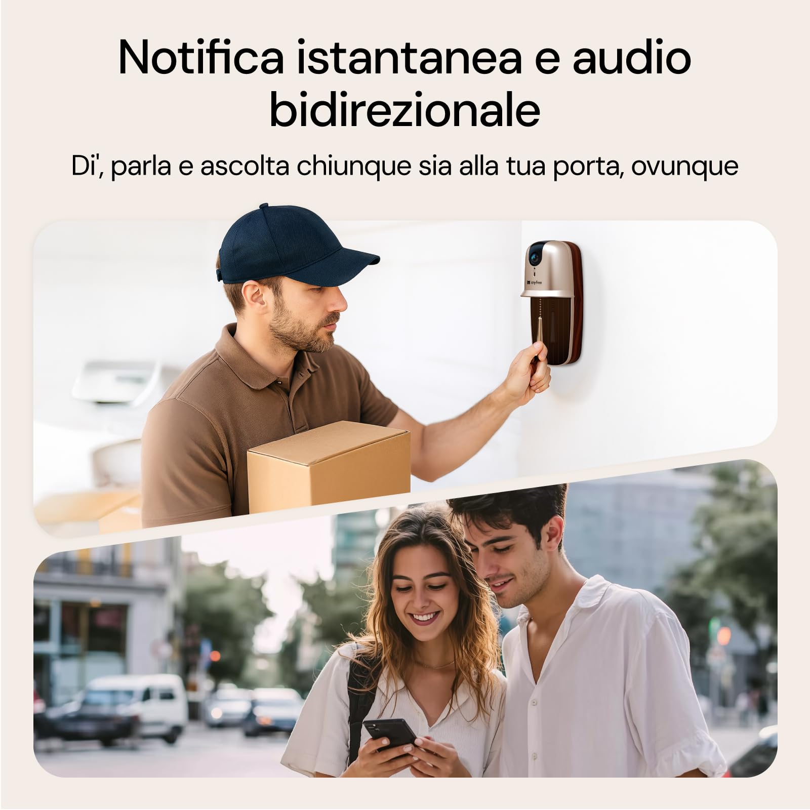 anyfree Videocitofono Wifi Campanello Senza Fili da Esterno,Videocitofono Wifi da Esterno,Rilevamento Intelligente delle Persone,Audio Bidirezionale,Supporta il Wifi a 2,4/5GHz (Oro)