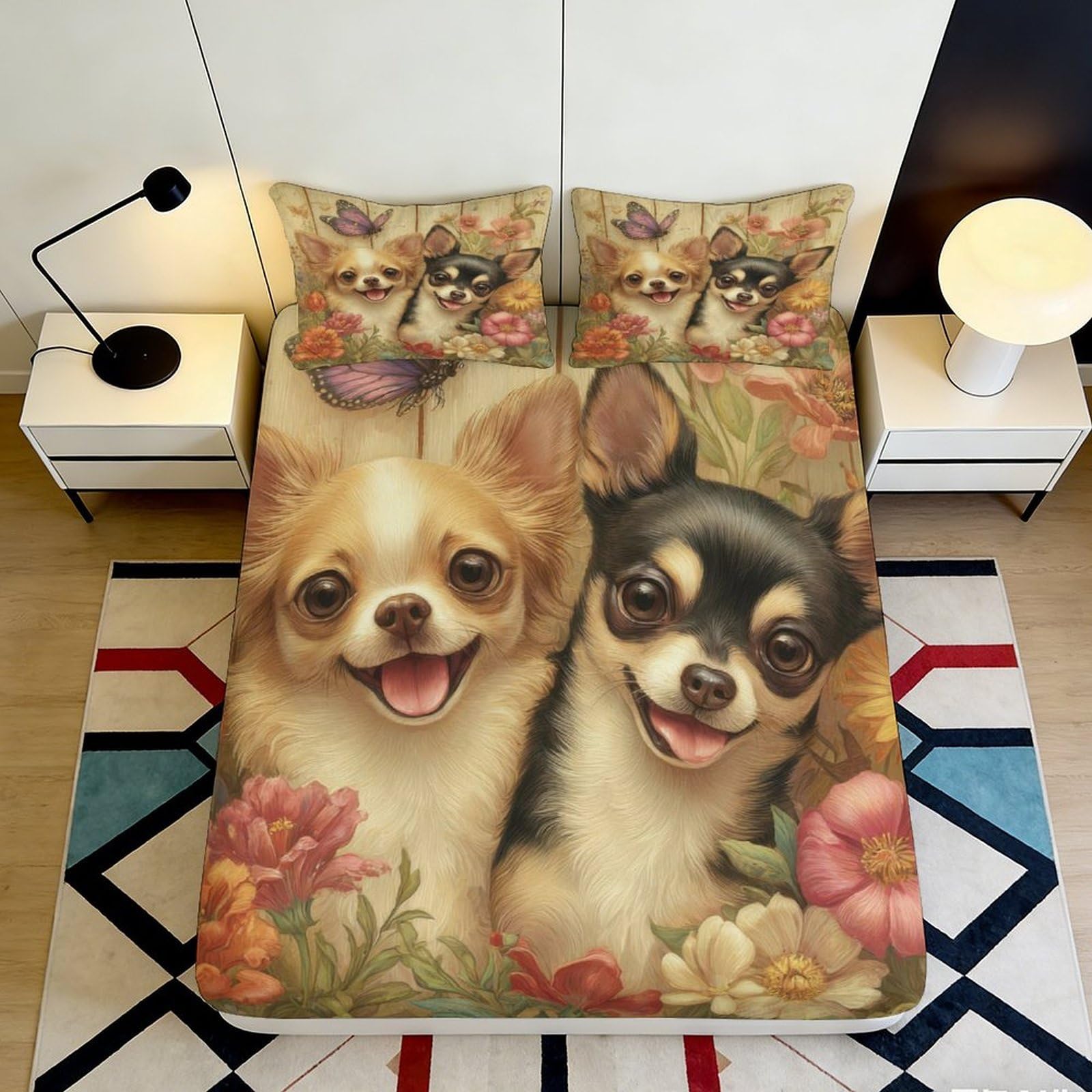 Pnayamiorkfel Style-6 3D Printed Chihuahua Flower Fitted Sheet Microfiber Anti-Slip Butterfly Bed Cover For Bedroom Guest Room Decor 90X200x25cm