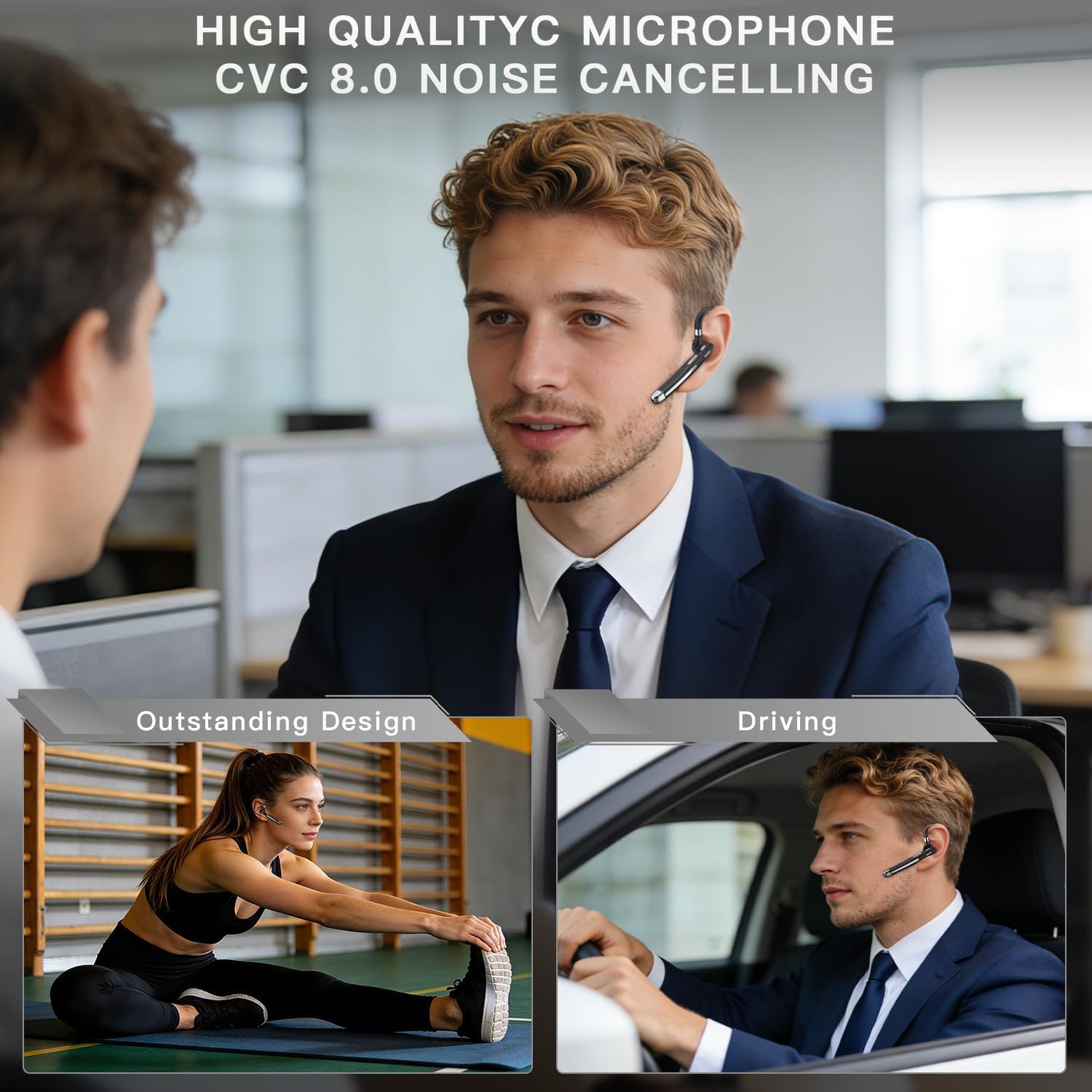 Bluetooth Headset V6.1, Wireless Bluetooth Earpiece with 500mAh Charging Case 100 Hours Talking Time, CVC8.0 Noise Cancelling Single-Ear Earphone, Hand-Free Headphones for Trucker, Office, Business - 2