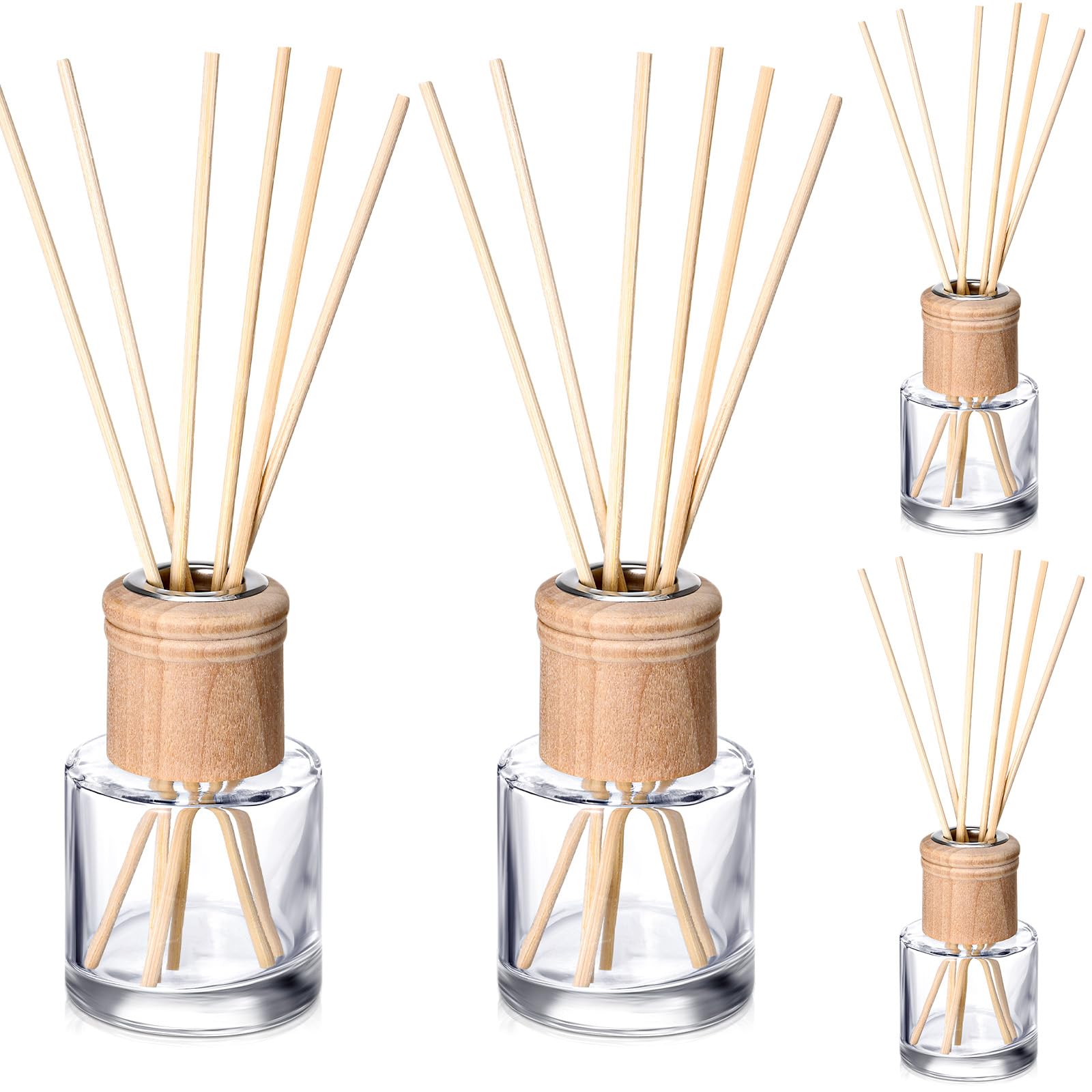 Roshtia 4 Set Reed Diffuser Bottle Empty Refillable Fragrance Glass Diffuser Bottles Set with Wooden Caps Rattan Sticks 50ml 1.7 oz Round Glass Jars for DIY Fragrance