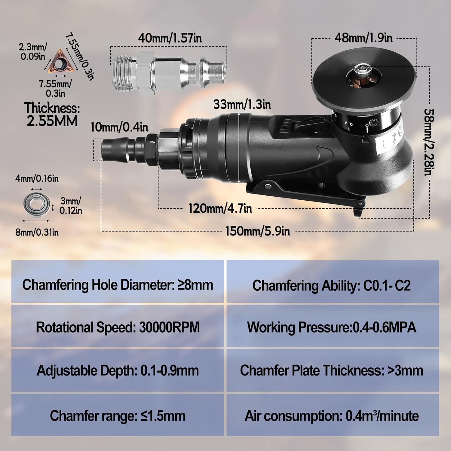 Pneumatic Chamfering Tool Handheld, Mini Air-Powered Chamfering Machine Trimming, 45° Arc Corner with 1/4 Inch Air Inlet for Metal Wood Beveling Deburring (C Angle Blades)