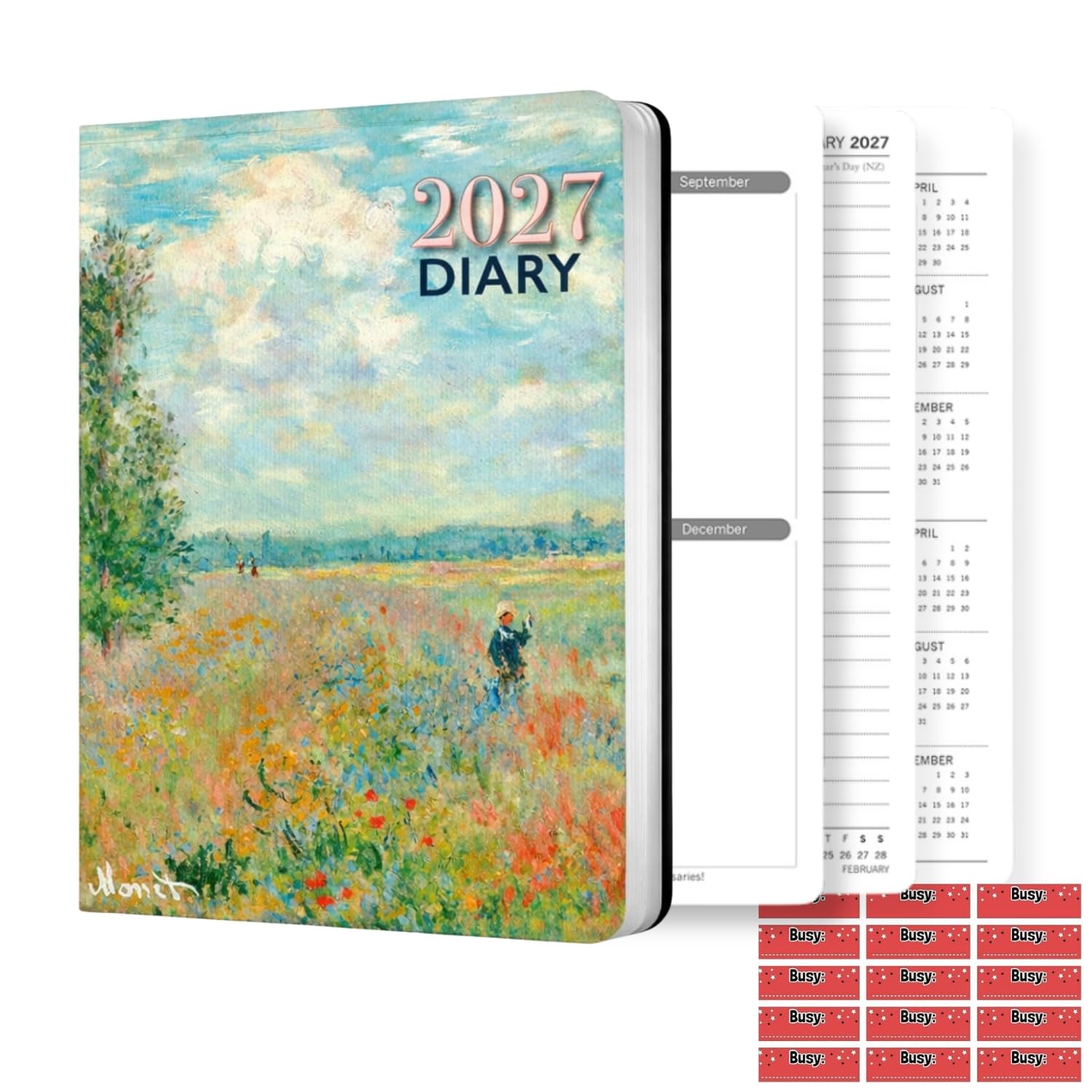 TGSC Monet 2027 A5 Diary with Organisational Stickers, Week to View Water Lilies Impressionist Art Hardback Planner, Journal Notebook with Ribbon Marker, For Office, School, 160 Pages, 217 x 153mm