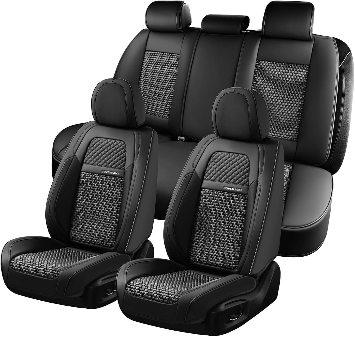 Coverado Car Seat Covers Full Set, Nappa Leather Black Seat Covers for Cars, Waterproof Car Seat Protector, Car Seat Cushion, Front and Rear Seats Universal Fit for Most Vehicles