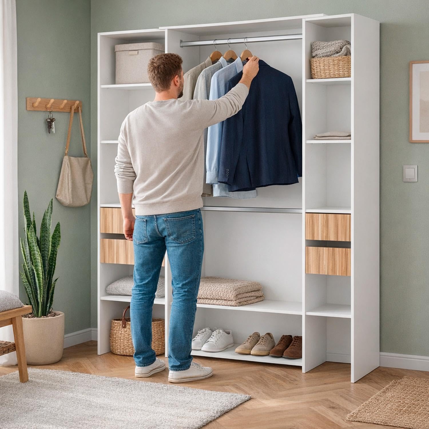 Armadio Guardaroba Aperto Con Ripiani Regolabili 3 Cassetti Doppio Appendiabiti In Alluminio Mobile Armadietto Multiuso Senza Ante Camera Da Letto Cameretta 190 x 187 x 40 Cm Bianco E Rovere Listato