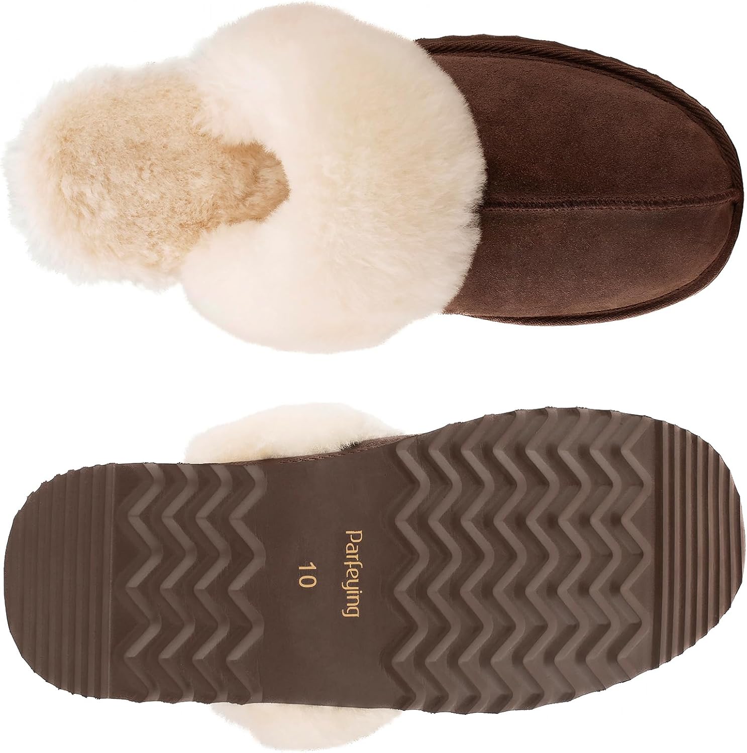 Parfeying Women's Shearling Slippers Genuine Leather with Rubber Sole, Sheepskin Fuzzy Indoor Outdoor Shoes for Home - Image 5