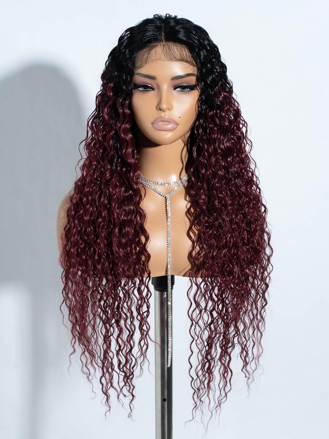 Joedir Long Deep Curly Wavy Lace Front Synthetic Wigs for Women Glueless Lace Wig 30 Inch Middle Part Natural Looking Heat Resistant Fiber Wig for Daily Party Use Ombre Wine Red