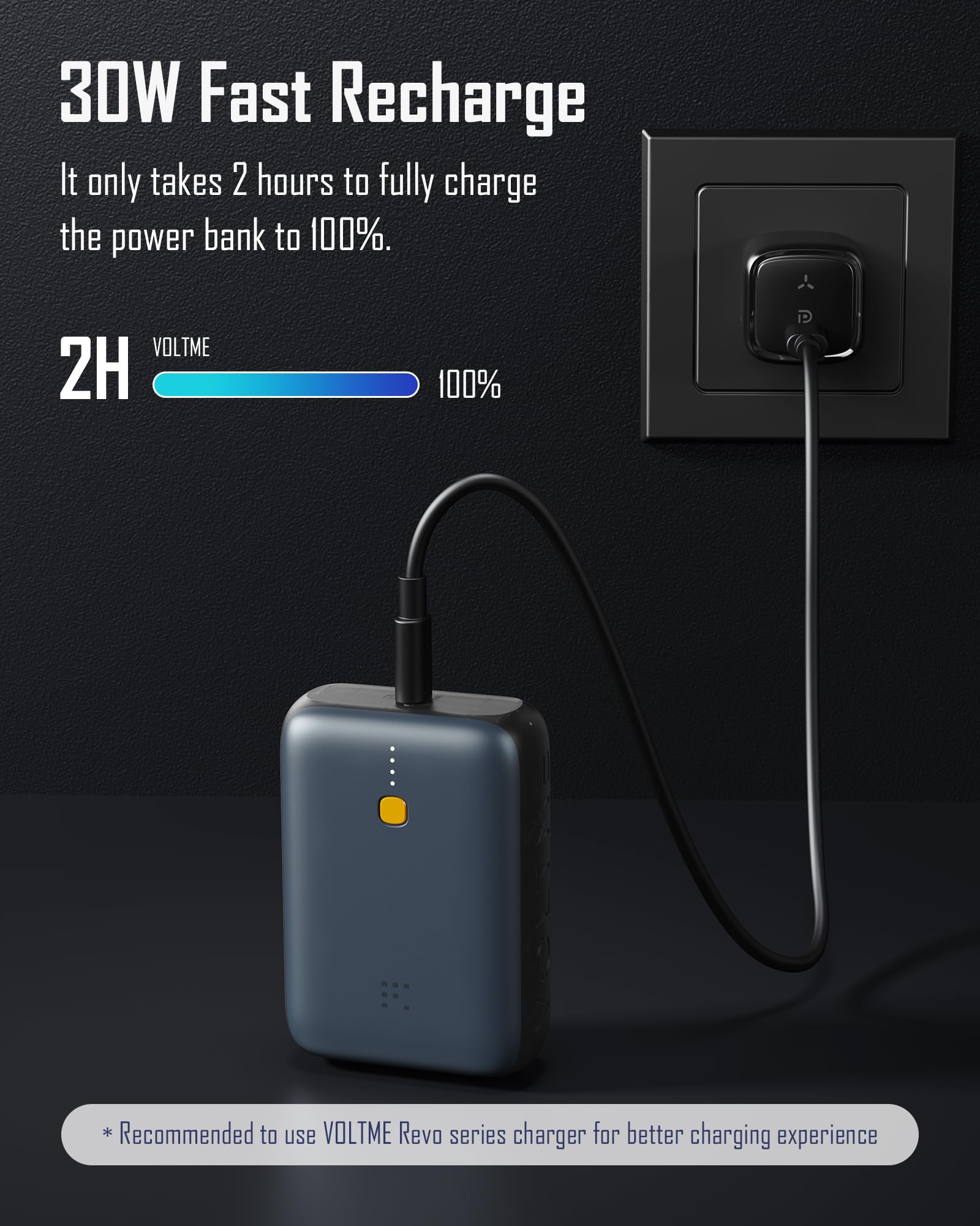 VOLTME Power Bank 10,000mAh USB-C PD30W, Caricatore Portatile Ricarica Rapida 2-Port,USB-A 22.5W Hypercore 10K Pro blu, Batteria esterna piccola e piatta per il viaggio carica veloce smartphone