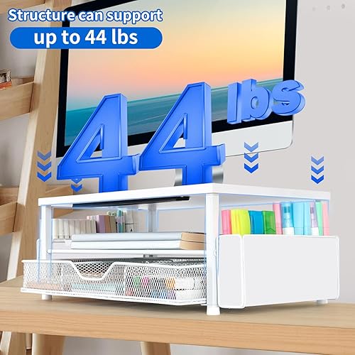 Miniatura 6 de AUPSEN Soporte elevador de monitor blanco, organizador de escritorio de madera de 2 niveles con cajón, almacenamiento para bolígrafos y soporte para