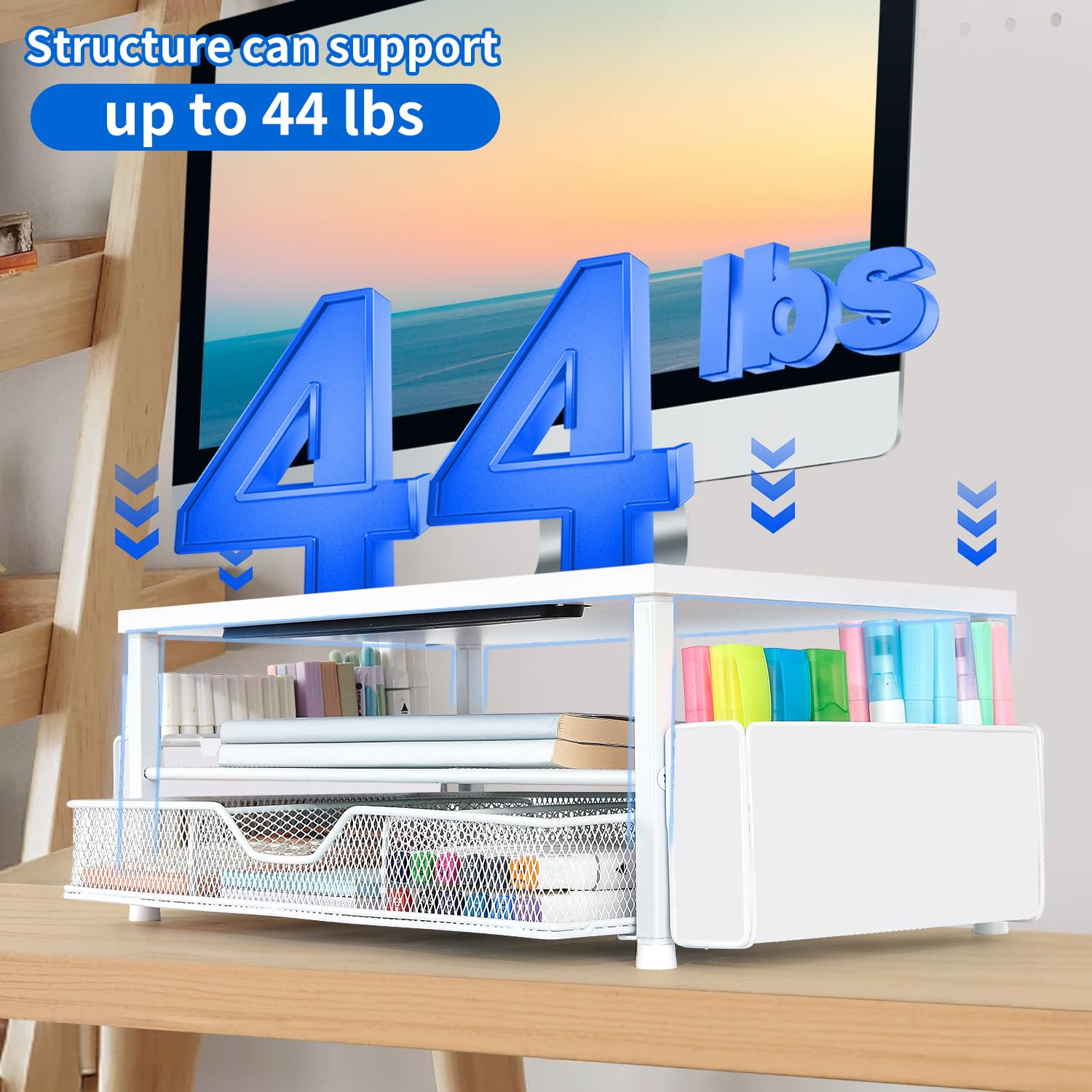 AUPSEN Weißer Monitorständer, 2-stöckig, Holz, Computer-Schreibtisch-Organizer mit Schublade, Stiftaufbewahrung und Handyhalter, Büro-Schreibtisch-Zubehör, Schreibtisch-Organizer für Bürobedarf