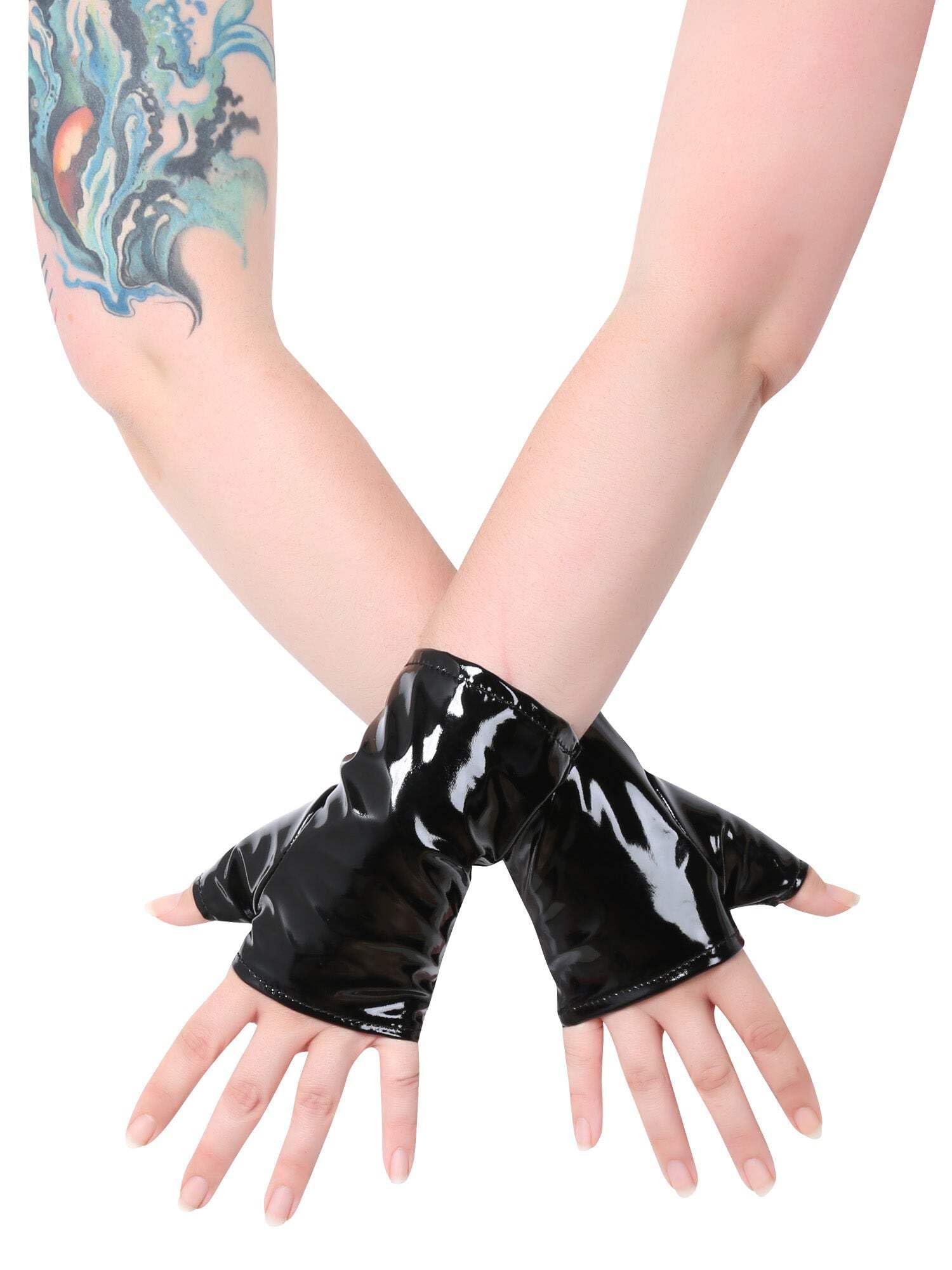 HONOUR Female Women Fashion PVC Short Fingerless Gloves