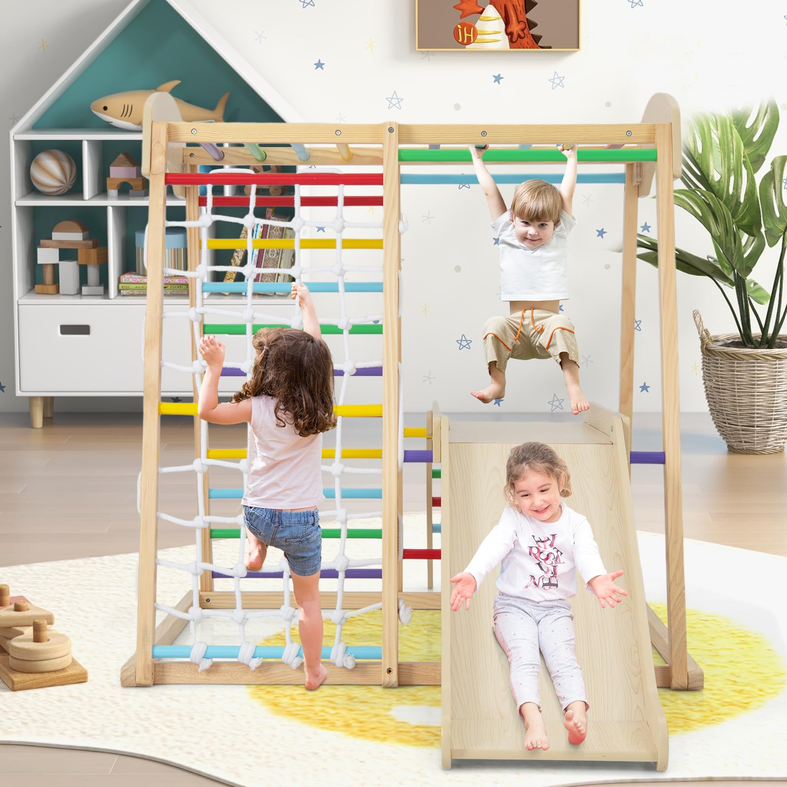 COSTWAY 6 in 1 Set Arrampicata per Bambini, Palestra in Legno con Barre di Scimmia Scivolo Corda e Scale in Legno, Parco Giochi per Bambini 1+ Anni (Colorato)