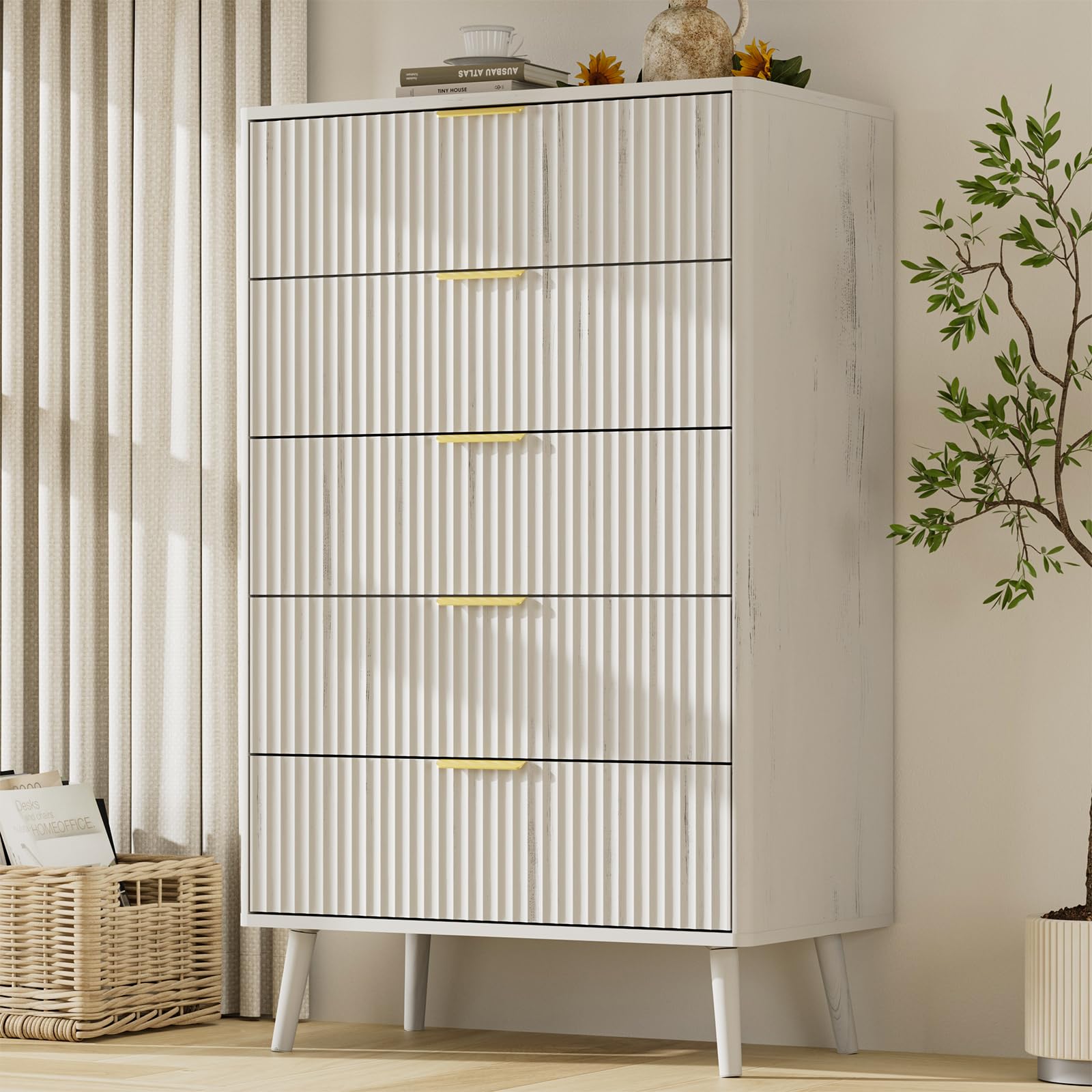 LYNSOM Fluted 5 Drawers Dresser, 45" Tall Modern Chest of Drawers with Curved Profile Design and Metal Handle, Wood Drawer Organizer for Bedroom,