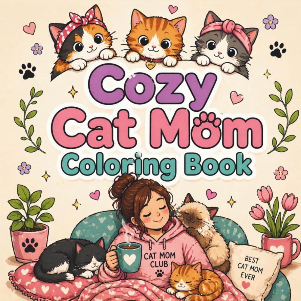 Cozy Cat Mom Coloring Book: Relax Cozy Moments, Playful Kitties, and Cat Mom Life for Adults and Kids