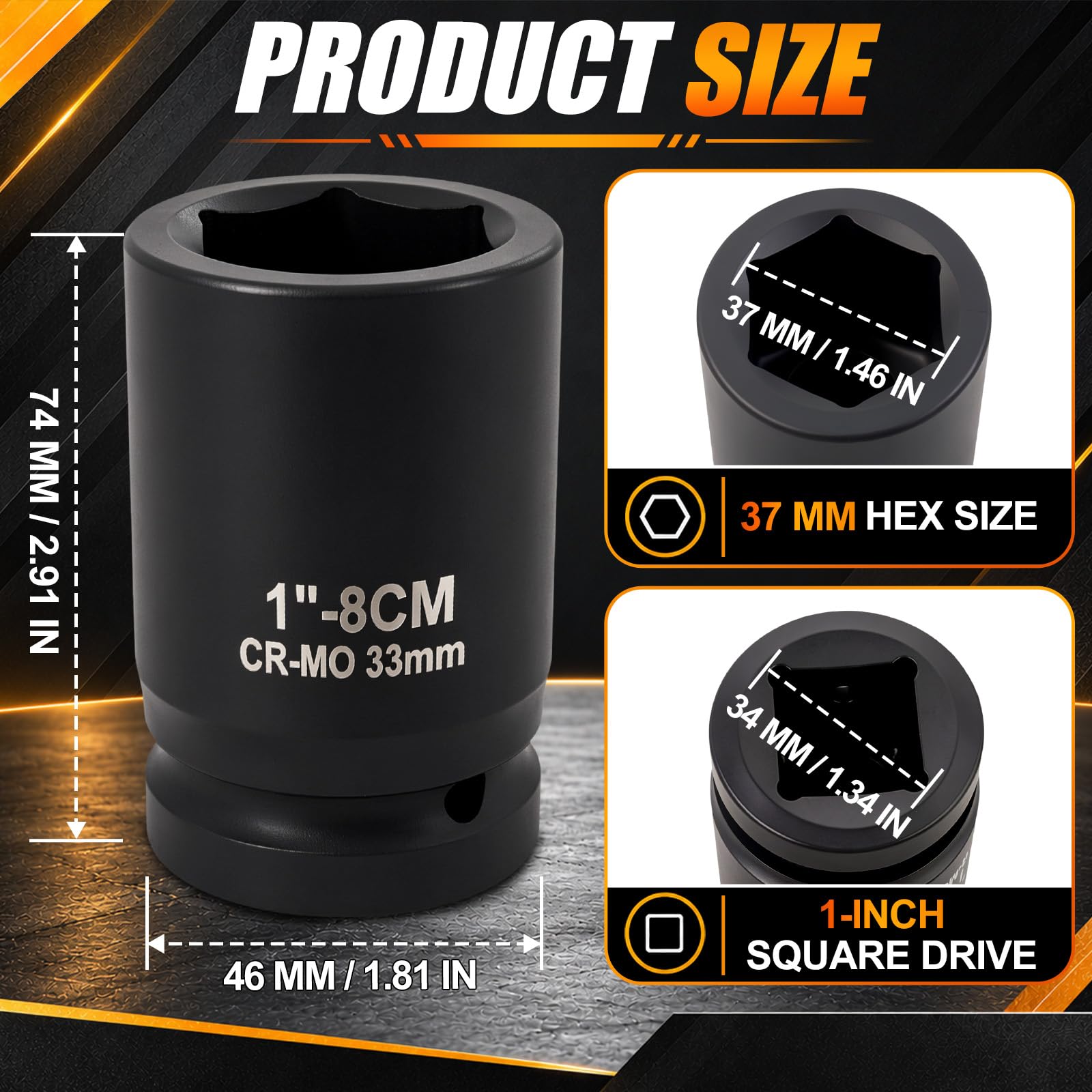 Enchufe de impacto profundo de 37 mm, unidad de 1 pulgada, acero Cr-Mo