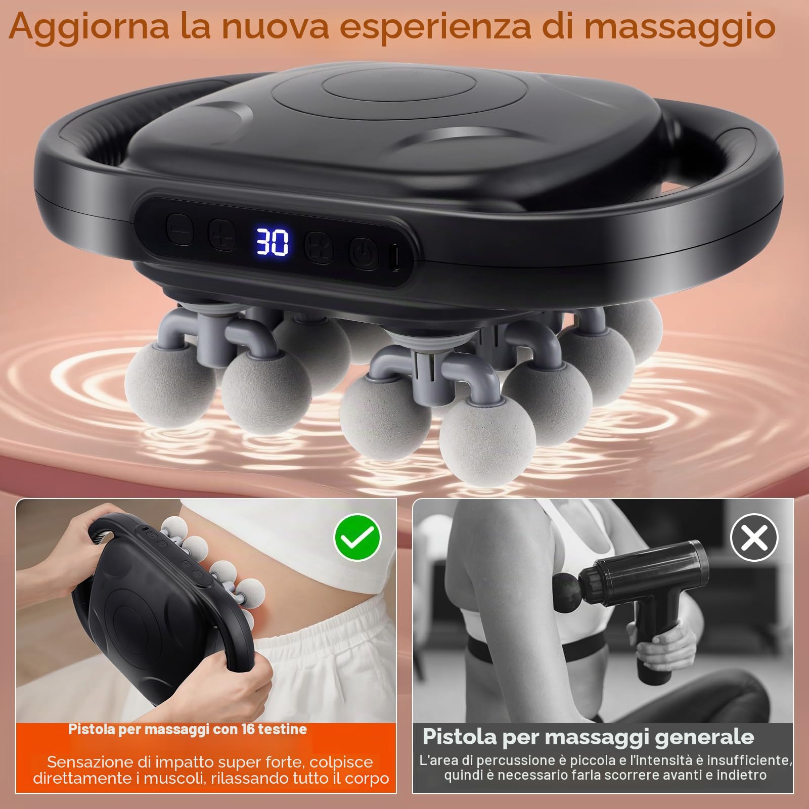 Pistola Massaggio Muscolare con Luce Rossa, 16 Teste Massaggiatore Muscolare Elettrico con 9 modalità e 30 velocità Regolabili, per Alleviare la Tensione Muscolare e L'affaticamento per Schiena Gambe