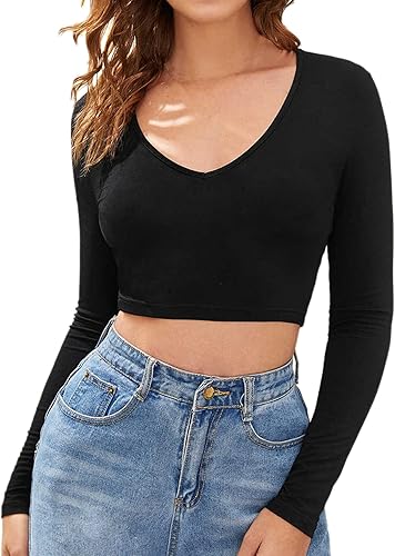 Verdusa Camiseta corta ajustada de manga larga con cuello en V para mujer
