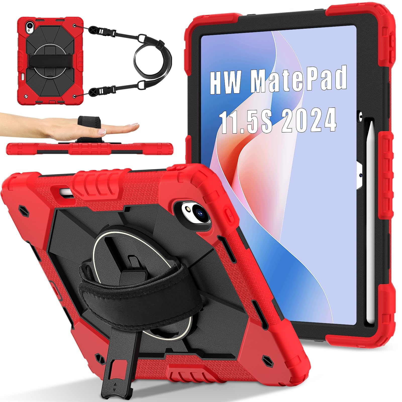 Etui kompatybilne z Huawei MatePad 11.5S .5 cala wydane w 2024 roku etui odporne na wstrząsy tablet, pełne ochronne 360 ​​stopni obrotowy wielofunkcyjny uchwyt uchwytu + pasek ramię(Red+Black)