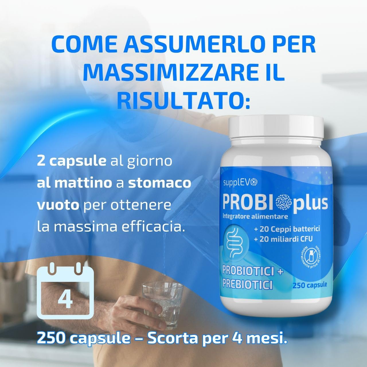 Fermenti Lattici Probiotici Prebiotici 250 Capsule (Scorta 4 Mesi) - 20 Miliardi CFU, 20 Ceppi Senza Lattosio, con Inulina, Bromelina e Vitamine B - Flora Intestinale, Gonfiore Addominale e Digestione