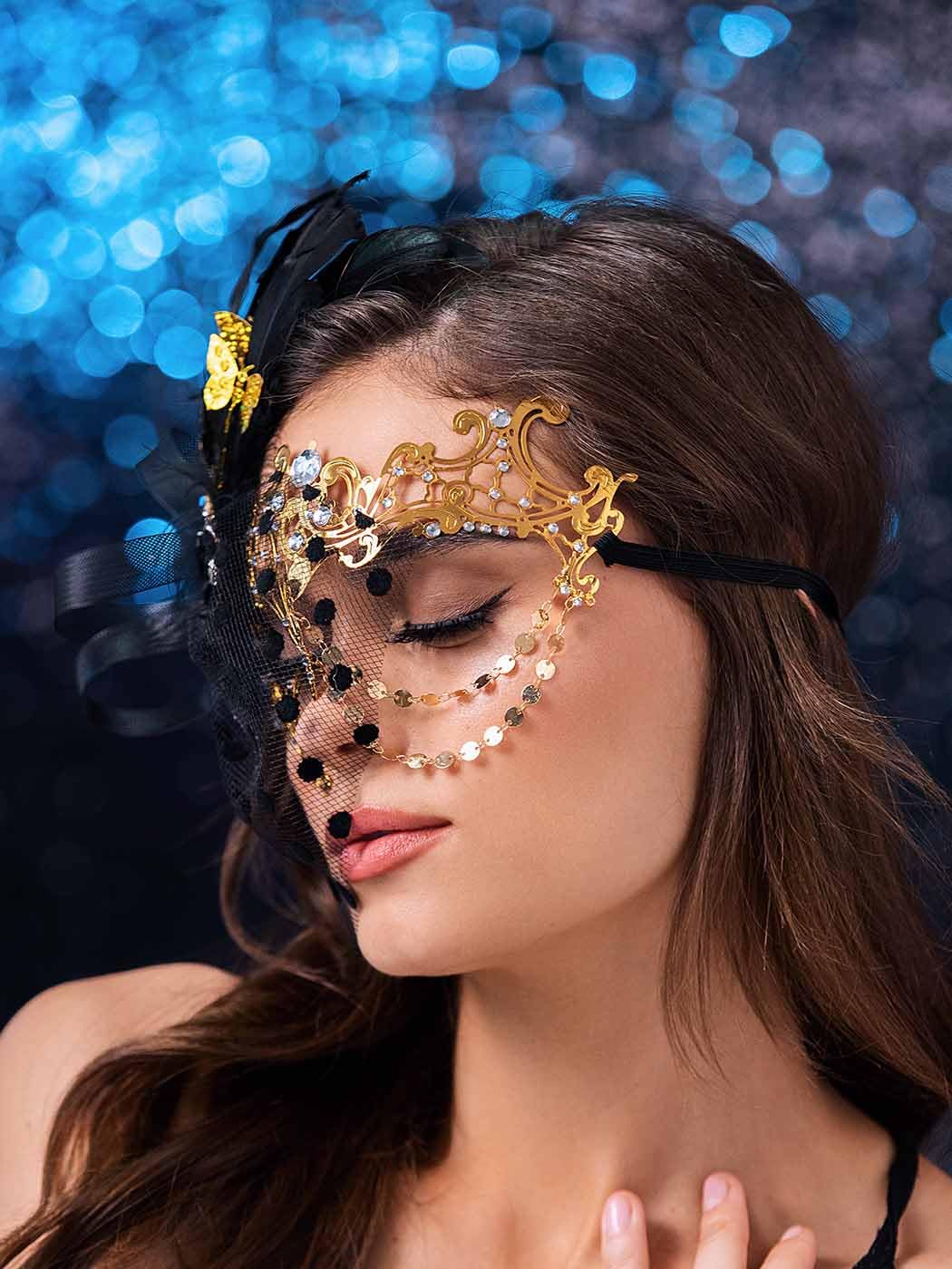 IYOU Women Masquerade Mask Gold Feather Ball Masks Venetian Prom Costume Mardi Gras Half Mask for Women, Black - Image 4