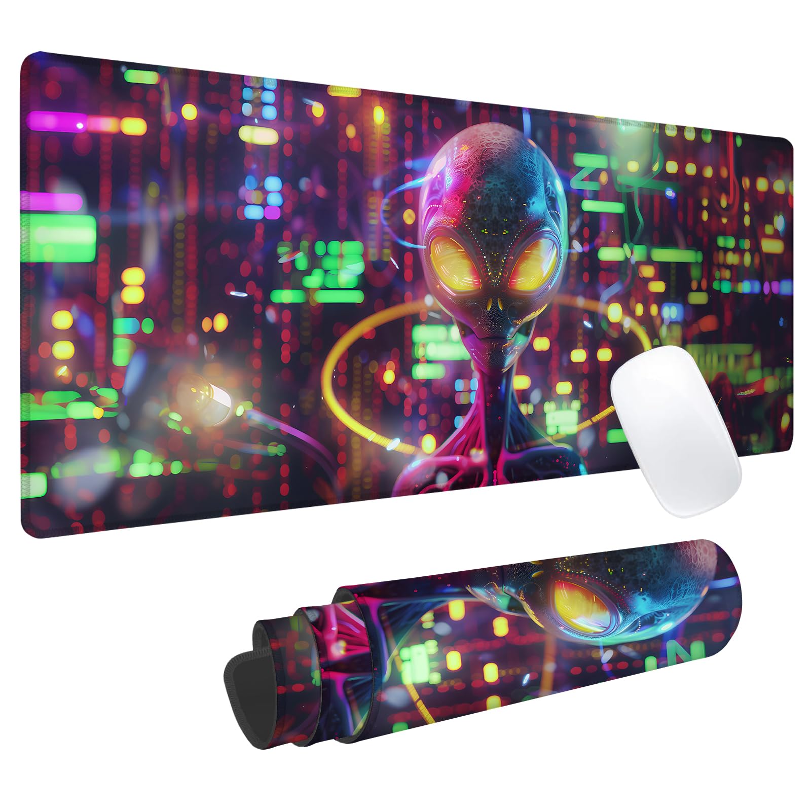 Cyberpunk Alien Gaming Mouse Pad, Office Desk Mat, Anti-Slip Rubber Base Cool Aesthetic Mouse Pads for Computer Laptop Keyboard School Home Desktop