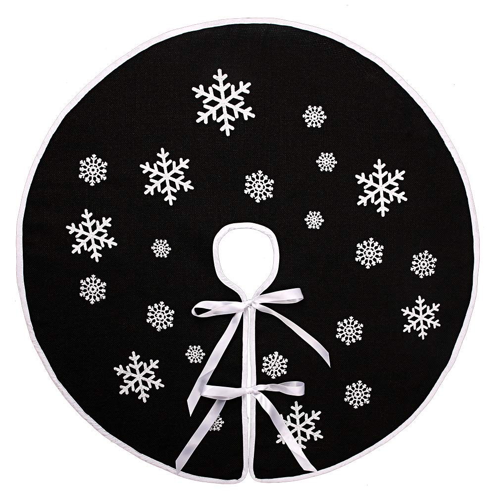 MACTING Black Christmas Tree Skirt 30 Inch Small Burlap Tree Mat with White Snowflake Printed for Xmas Tree Farmhouse Holiday Party Indoor Home Christmas Decorations