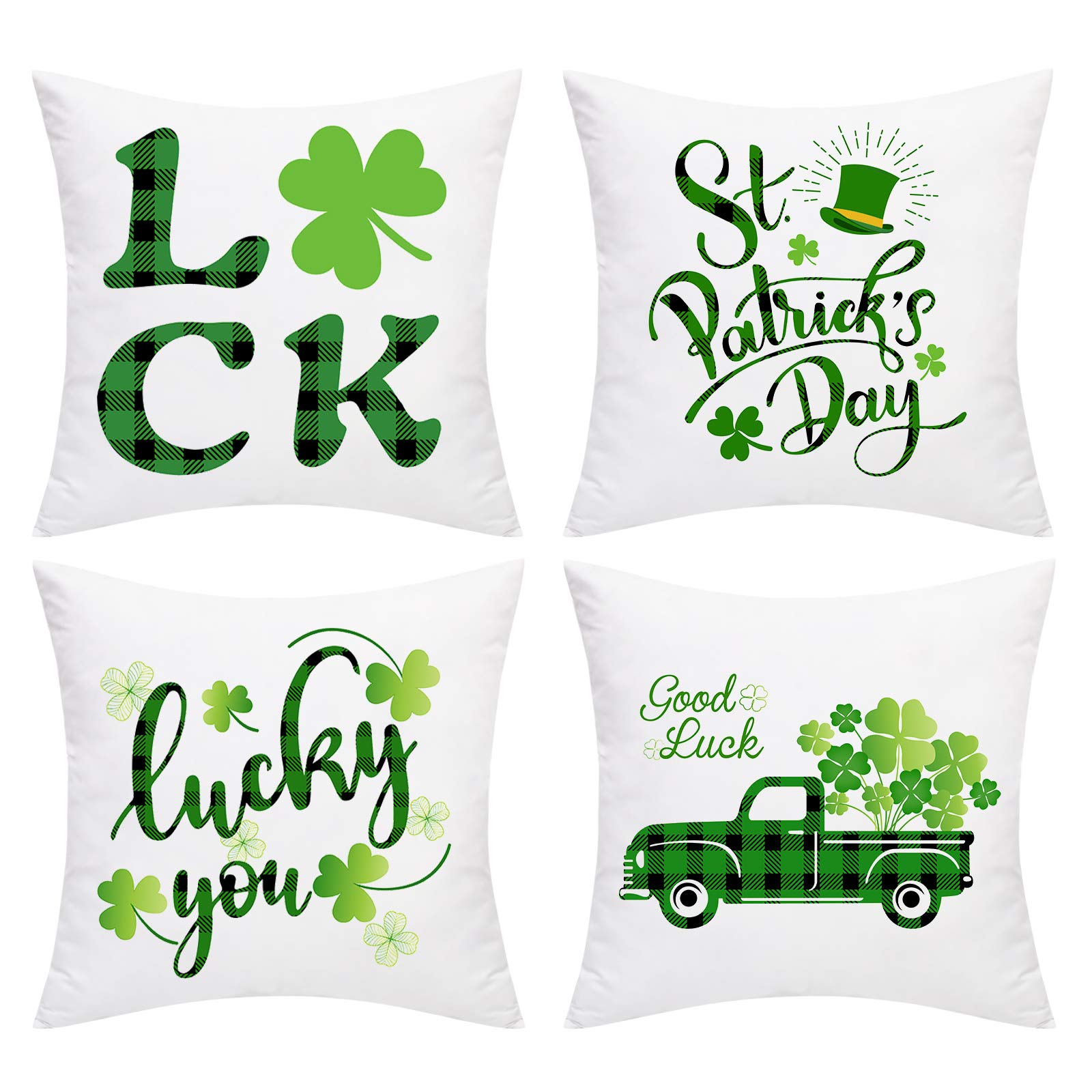 Yastouay 4 Pack St Patricks Day Pillow Covers 18 x 18 inch Green Buffalo Truck Lucky You Shamrocks Pillow Cases Spring Clover Leaf Floral Green Decorative Cushion Cases for Couch Sofa Bedroom