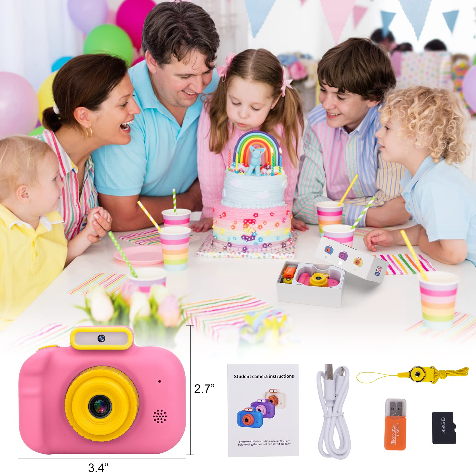 OOHHH!! Cámara Infantil HD 1080P Para Niños De 3 A 10 Años – Con Selfie, MP3, Juegos, Trípode Y Tarjeta 32GB (Rosa)