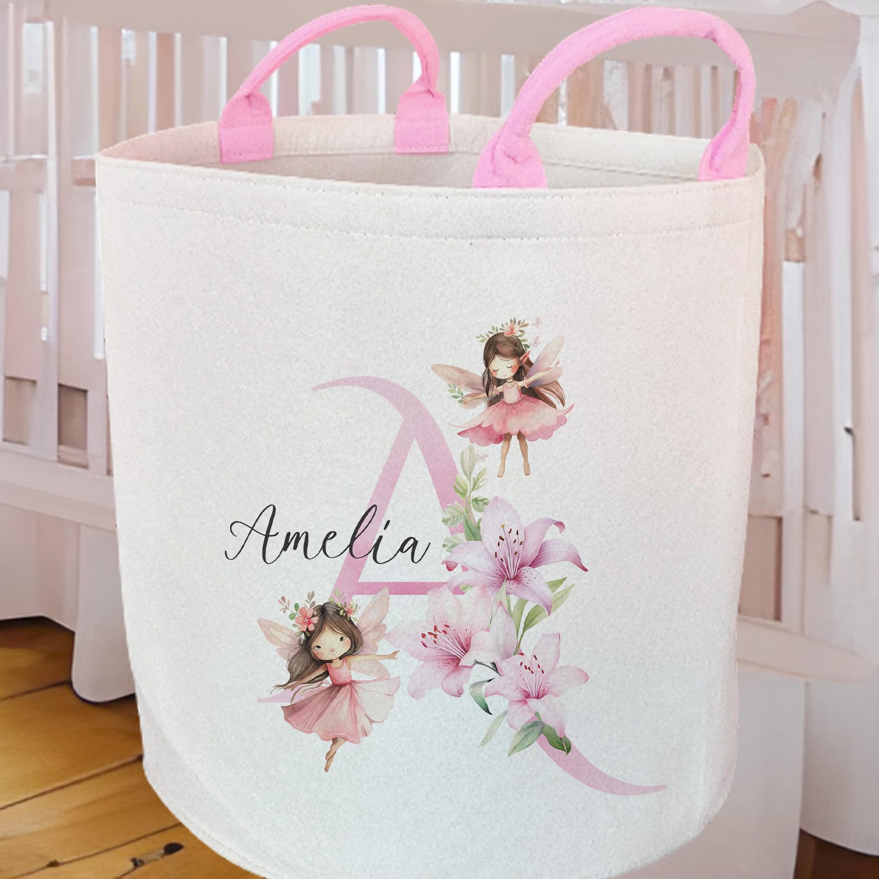 Personalized Fairy Nursery Toy Storage Basket – Custom Name & Initial Monogram Felt Hamper – Pink Floral Garden Fairy Decor for Girls Room – Large Shower Gift & Organizer
