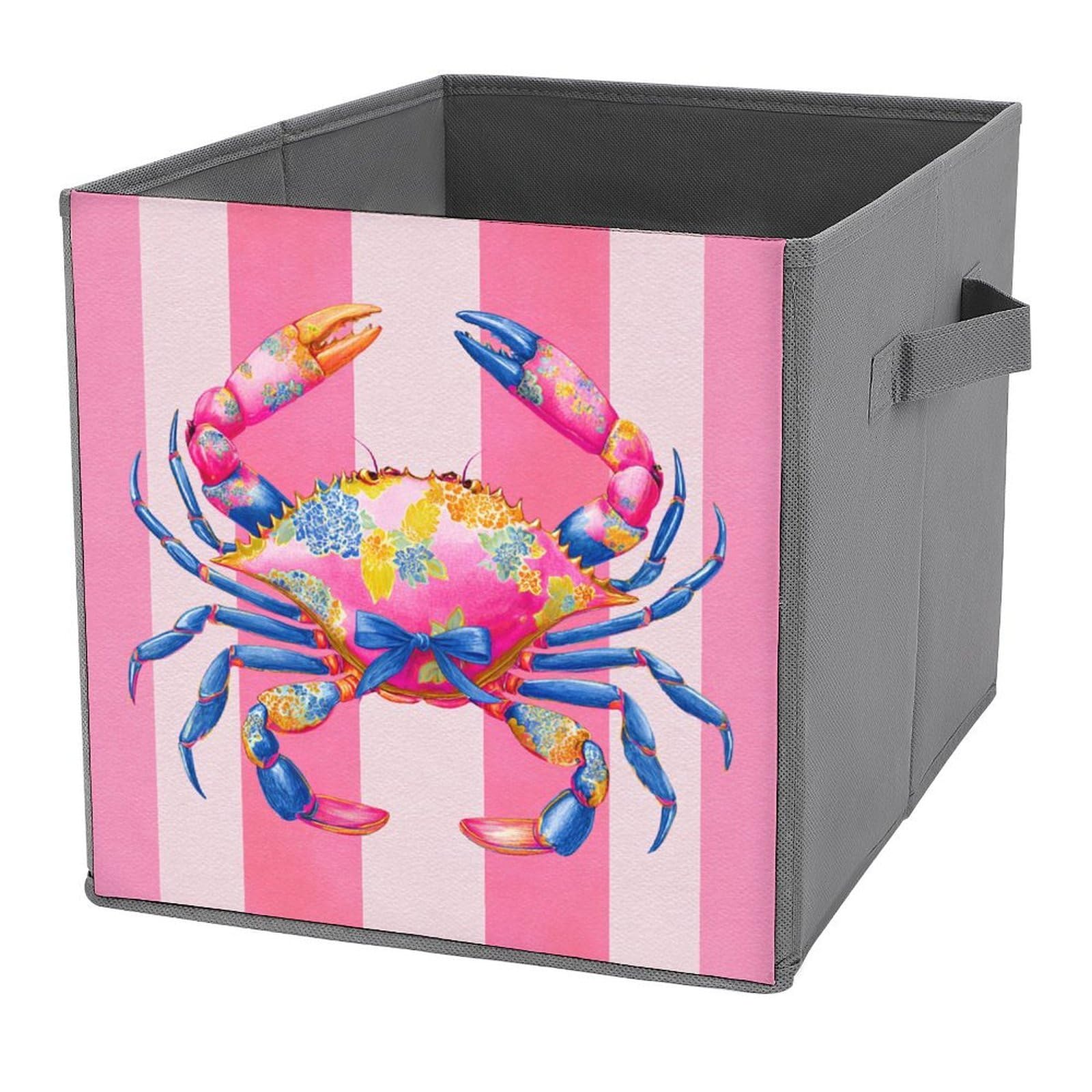 Jubonexis Preppy Neon Pink Crab with Blue Bow Cube Storage Bins Storage Cubes Foldable Decorative Fabric Storage Baskets Home Organizers with Handles for Shelves,Closet, 27x27 CM