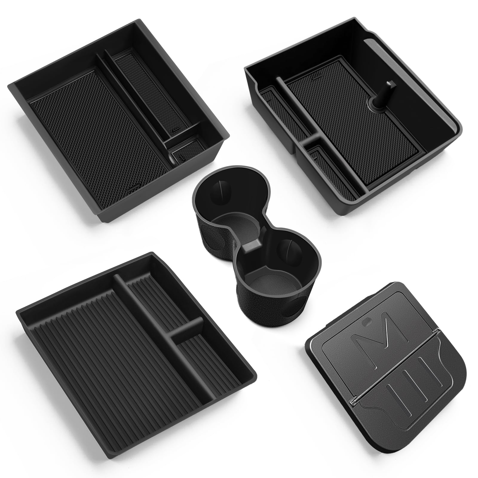 5 Pz Accessori per Tesla Model 3 2024-2026 Organizer della Console Centrale, Vassoio in Silicone, Scatola di Conservazione per Bracciolo, Scatola Nascosta e Portabicchieri