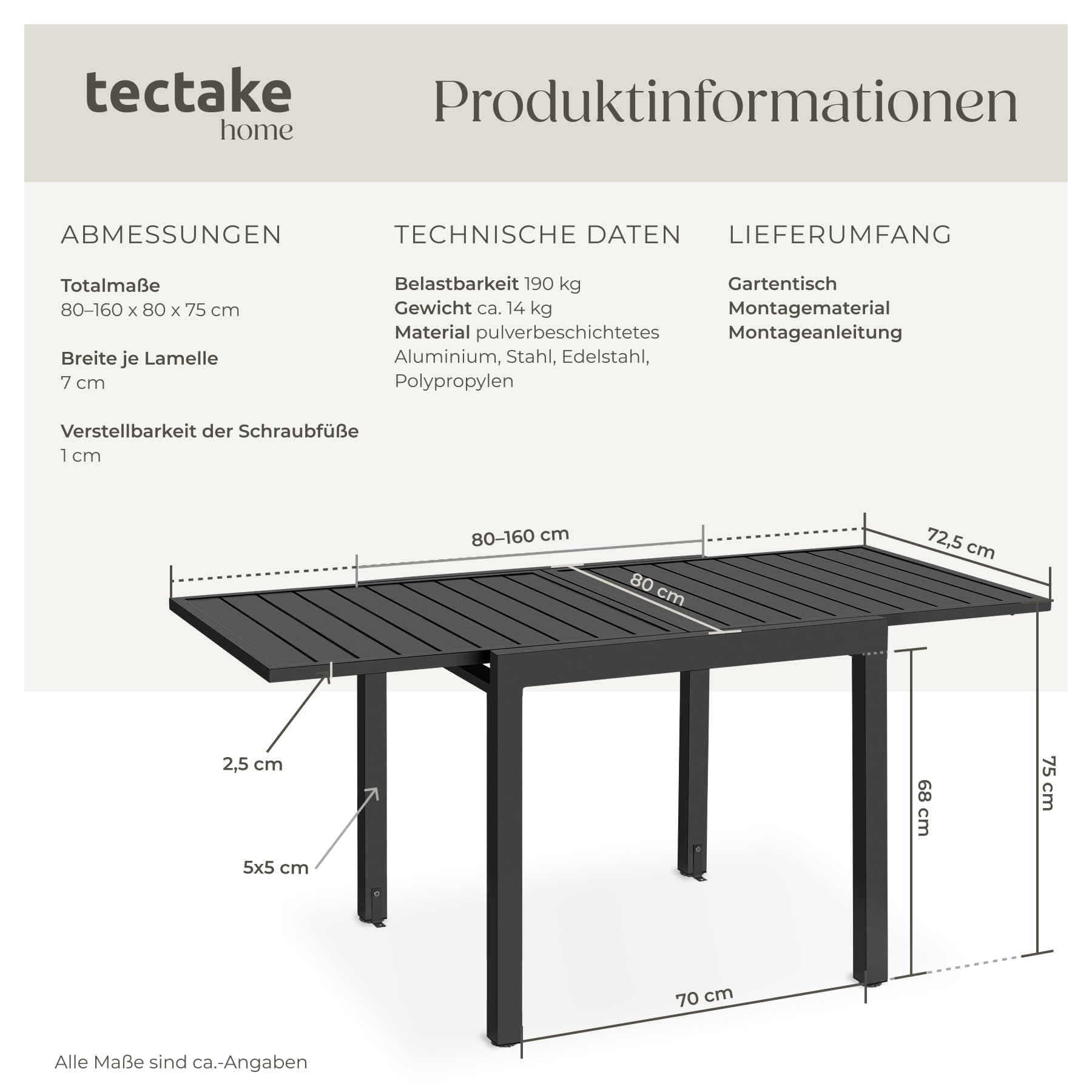 TecTake® Aluminium Gartentisch, ausziehbar für 4–6 Personen, 80–160 x 80 x 75 cm, wetterfest, Gartenmöbel Tisch Aluminium, UV-beständiger Outdoor Tisch mit Lamellenoberfläche, höhenverstellbare Füße