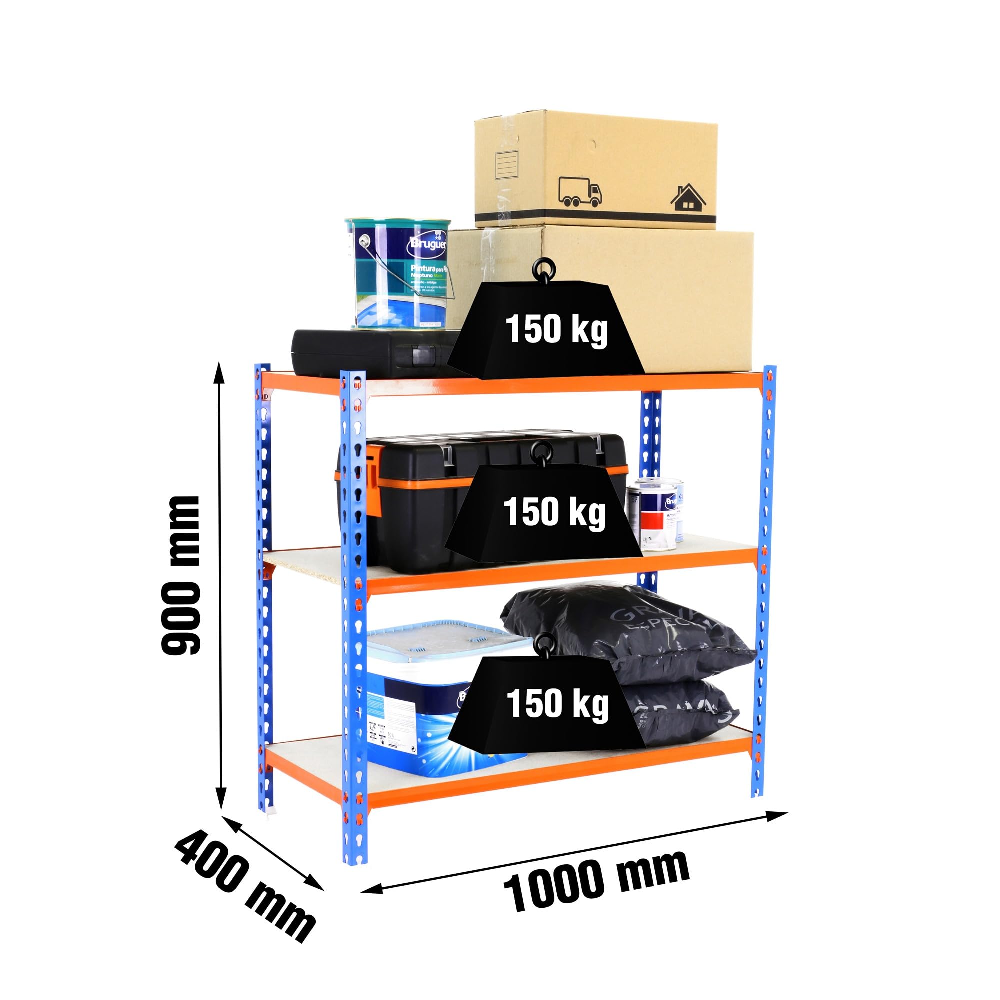 Simon Rack Étagère Rangement et 3 Niveaux en Boix, 150 kg Capacité de Charge et Point de Flexion, 900x1000x300 mm, Étagère Charge Lourde, Étagère Garage, Bleu/Orange/Bois - Maderclick