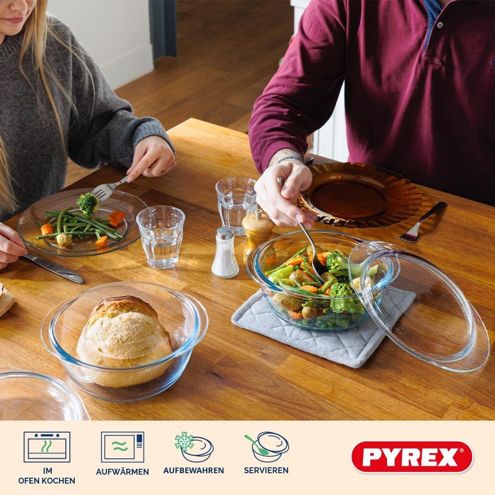 Pyrex 4 in 1 – Set mit 2 Schmortöpfen – 1,6 l und 2,3 l – Borosilikatglas – Dampfgaren – mikrowellengeeignet – spülmaschinenfest