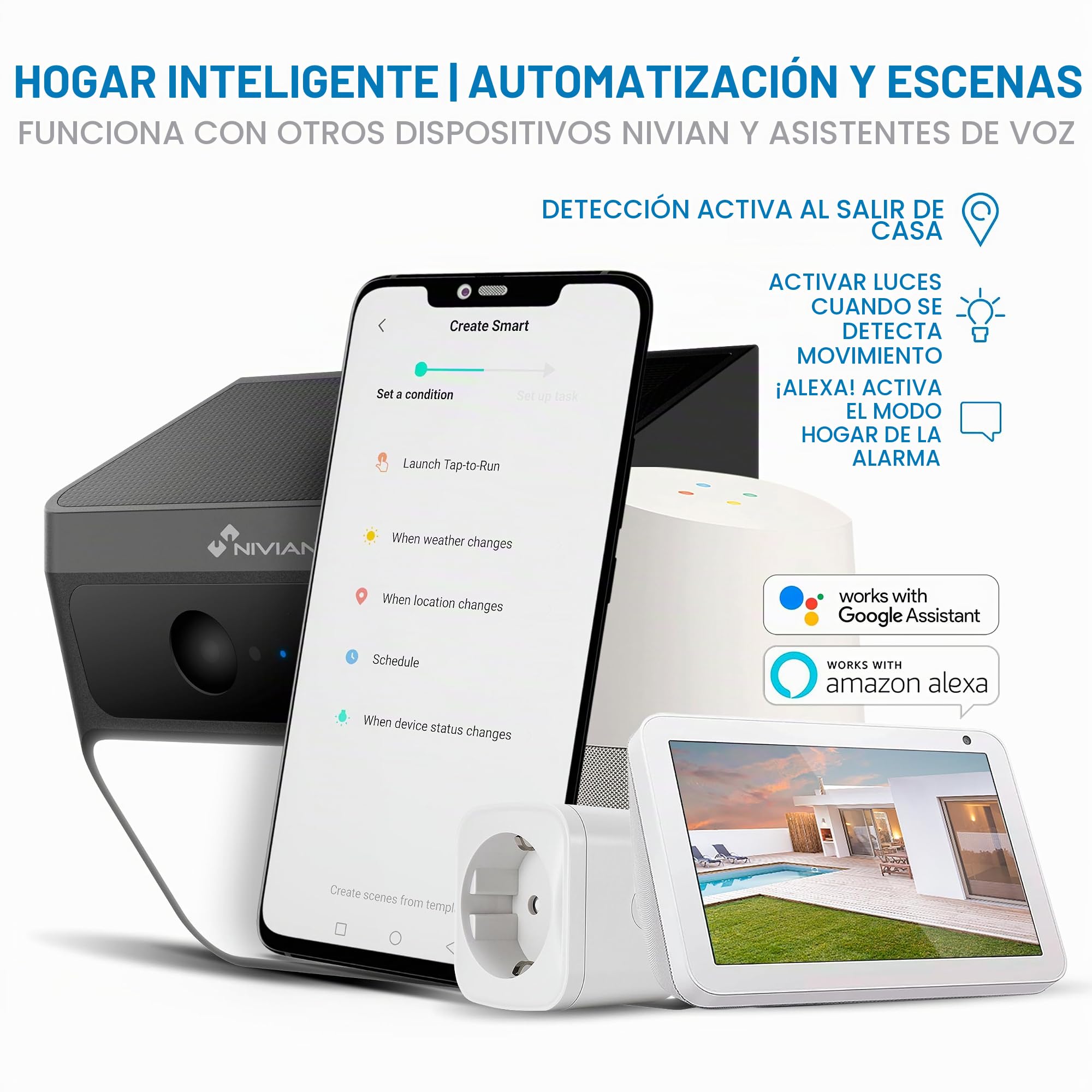 NIVIAN Cámara IP Wi-Fi Solar con Foco LED Exterior 2K Detección PIR Batería