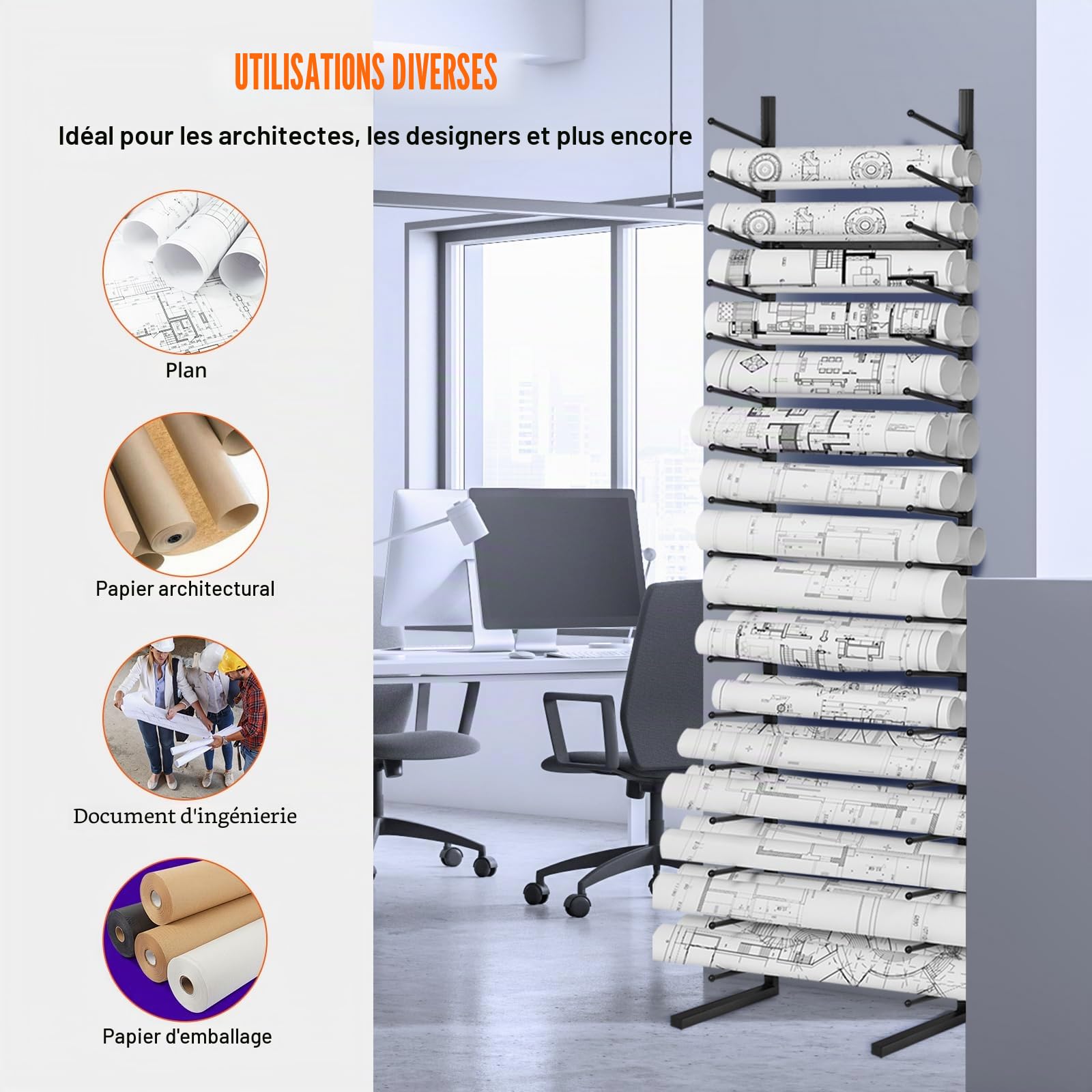 VEVOR Étagère de Rangement pour Plans de Construction Architecturale à 16 Niveaux, Support de Plans Vertical 2 Tiges par Niveau, Meuble de Rangement pour Affiche de Carte, Fichiers en Rouleau, Bureau