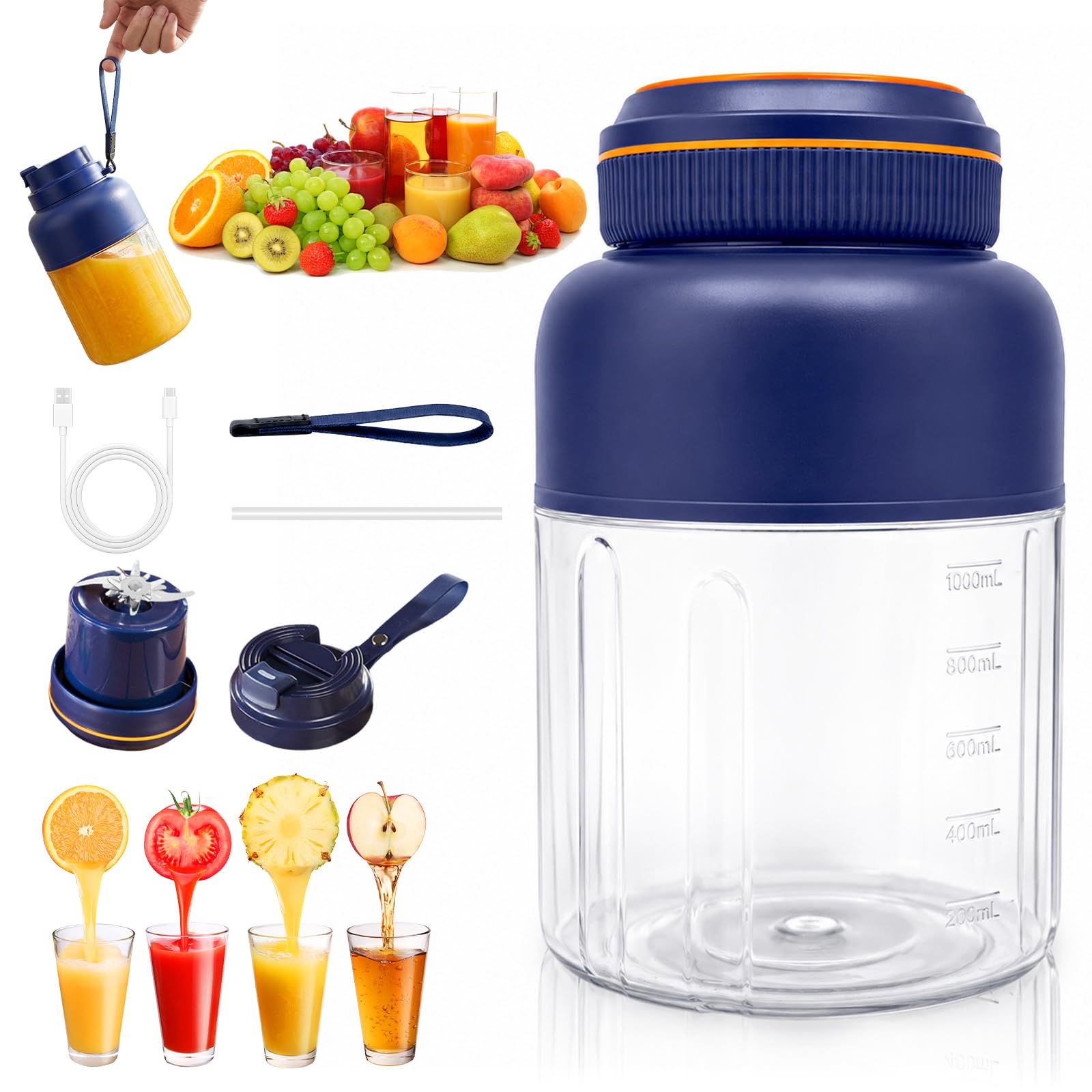 1300ML Portable Wireless Juicer Cup, 180W Fresh Juice Blender With 38 Blades, USB Rechargeable Personal Cordless Smoothie Blender, Dual Lid for Fruits Vegetables Shakes Juice Travel Gym Office