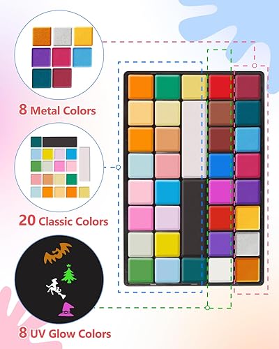 Vista 20 de Lictin Pintura facial a base de agua, kit de pintura facial de 18 colores con plantillas y pinceles, kit de maquillaje de Halloween para adultos