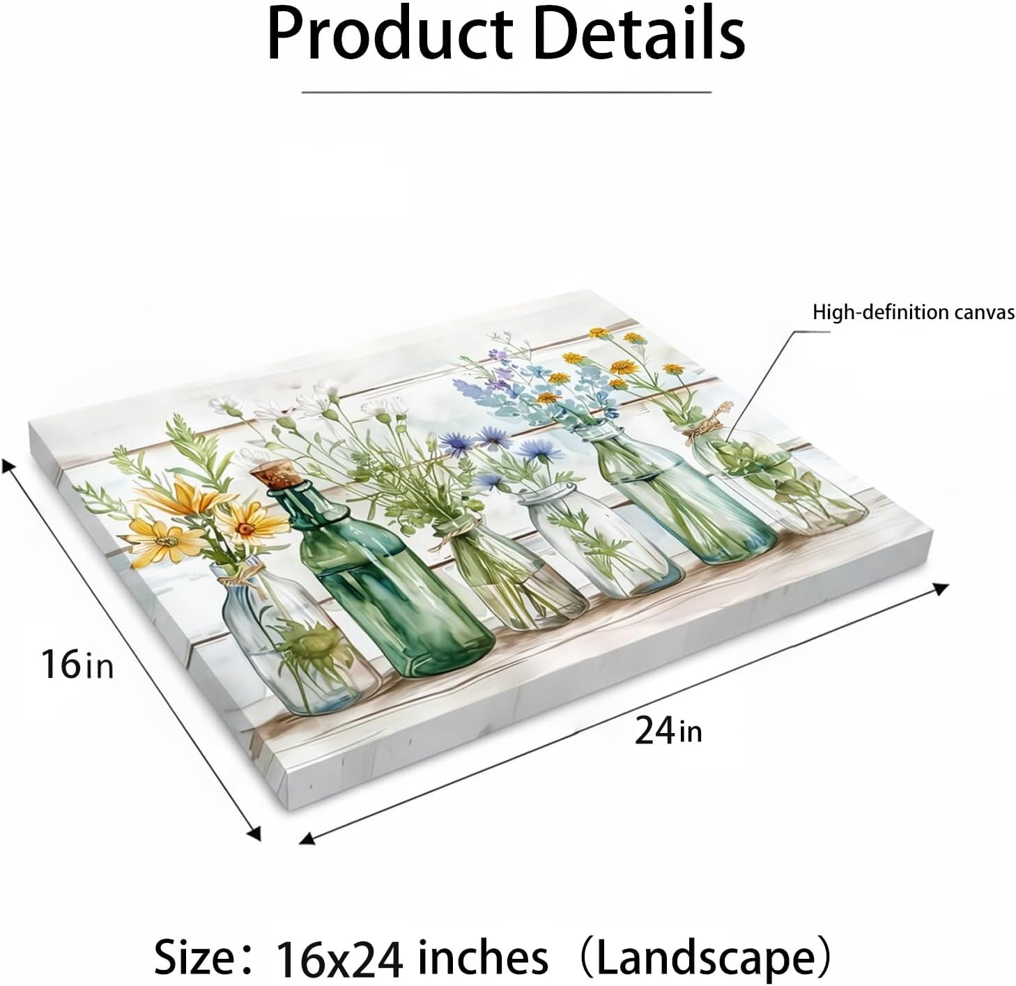 XCFMPUO Green Bathroom Wall Art Canvas Farmhouse Floral Decor Watercolor Wildflower Bottles Painting Sage Green Botanical Picture for Bathroom Laundry Room Wall Decor 16x24 Inch