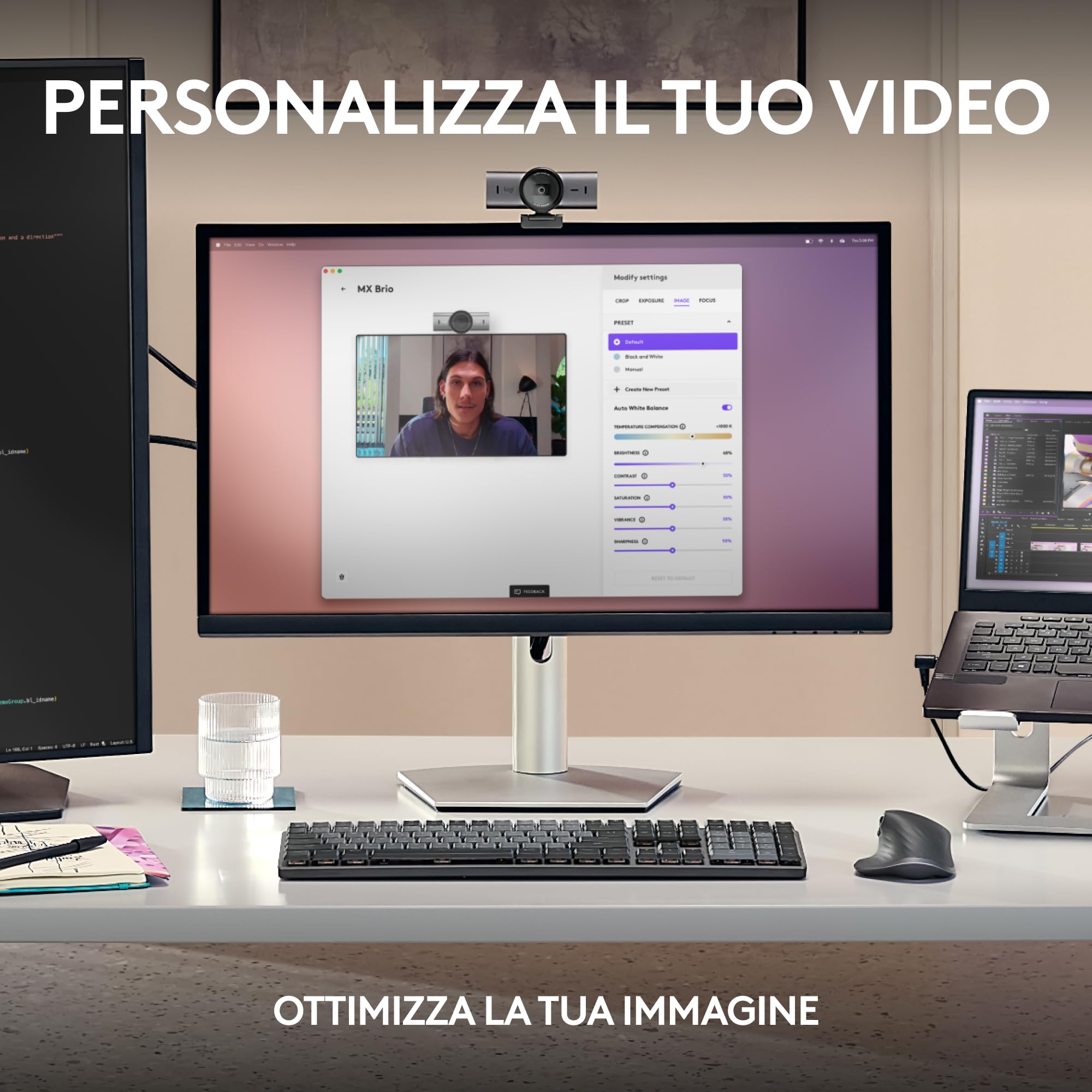 Logitech MX Brio per collaborazione e streaming Ultra HD 4K, 1080p a 60 FPS, due microfoni con riduzione del rumore, Show Mode, USB-C, copertura webcam, Microsoft Teams, Zoom, Google Meet, Grafite