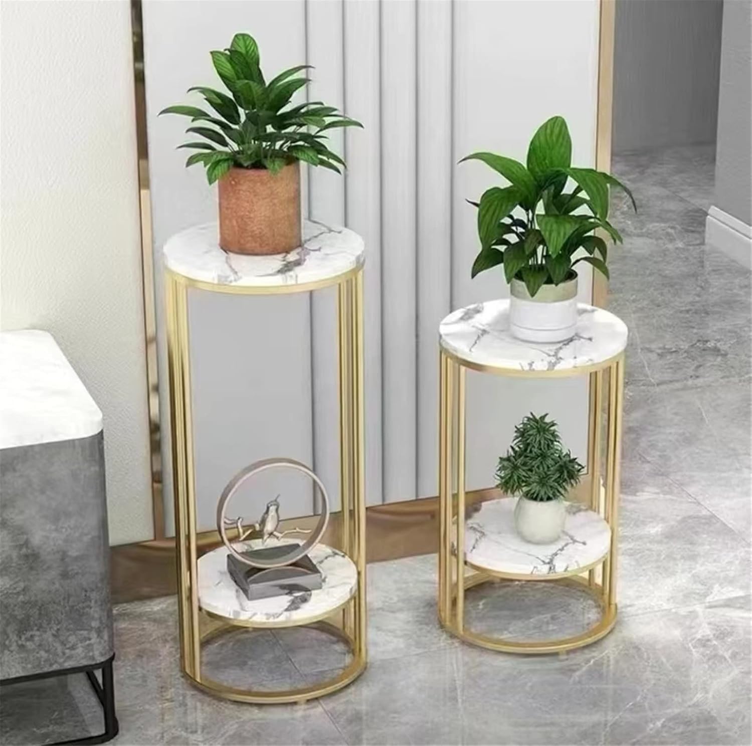 LIVINGLOOM Sofa Table End Table Space Saving Side Table for Living Room Tall Plant Stand Round Side Tables Metal Bedside Table Double Tier Iron Frame, Corner Table for Office (Golden White)-image-21