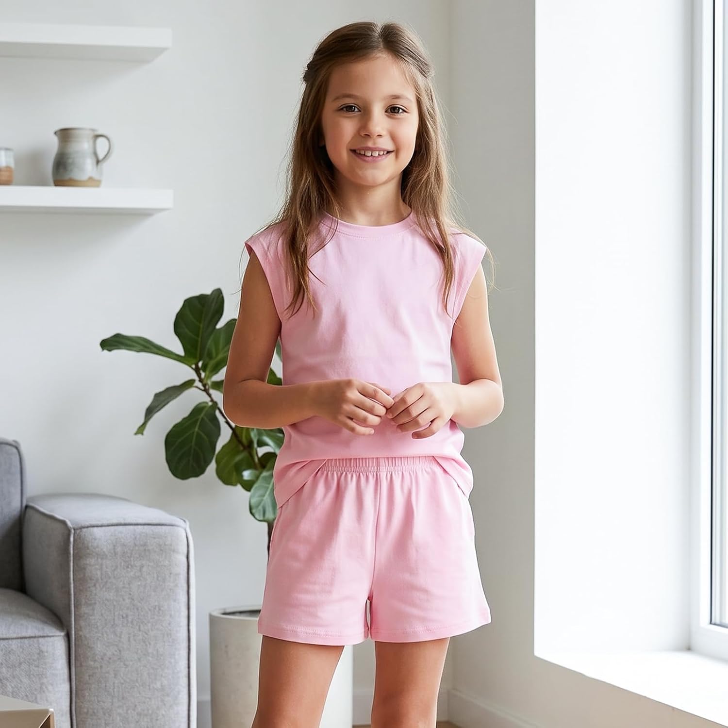 Girls Summer Outfits 2 Piece Kids Athletic Sets Teen Cute Cap Sleeve sets 5-14 Years