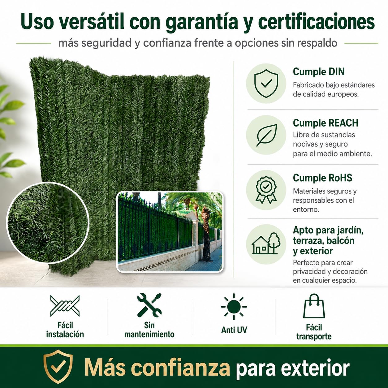Seto Artificial Ocultación Jardín, Pack 2 Unidades de 1x3m, para Jardin o Terraza, Ocultación 90%, Seto Decorativo, Tratamiento UV, fijación con Alambre, Color Verde