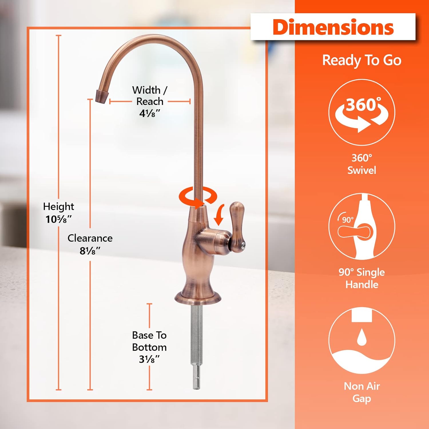 Express Water Deluxe Water Filter Faucet – Brushed Copper Faucet – 100% Lead-Free Drinking Water Faucet – Compatible with Reverse Osmosis Water Filtration Systems