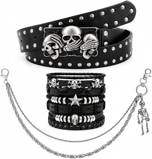 Y2K Grunge Gothic Alt Accessories Set for Women Men, Spiked Pant Chain Punk Cross Necklaces Ring Studded Bracelets