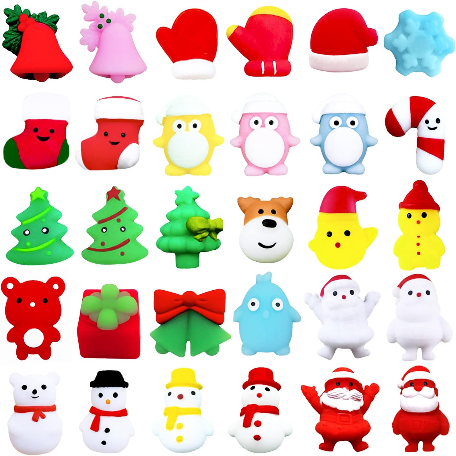 30Pcs Christmas Mochi Squishy Toys,Christmas Mini Kawaii Moji,Xmas Squeeze Soft Fidget Toys Include Santa Snowman Xmas Tree for XmasParty Bags Fillers Girls Boys Treats Party Favors Gifts