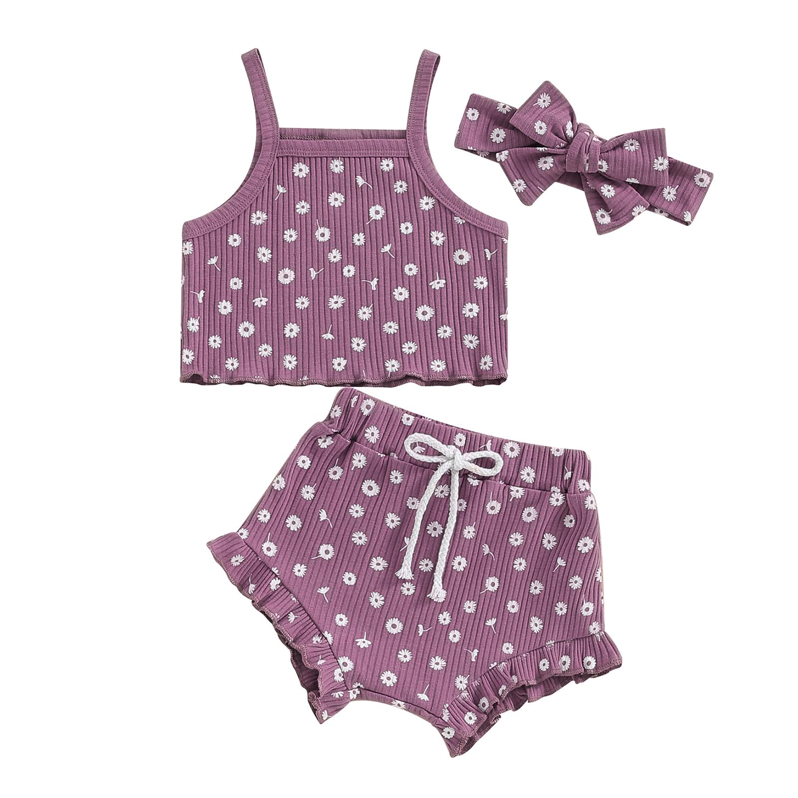 Lnzyyephy Infant Baby Girl Clothes Sleeveless Ribbed Floral Print Tank Tops Ruffle Bloomer Shorts Newborn Summer Outfits Set (A-Purple, 0-3 Months)