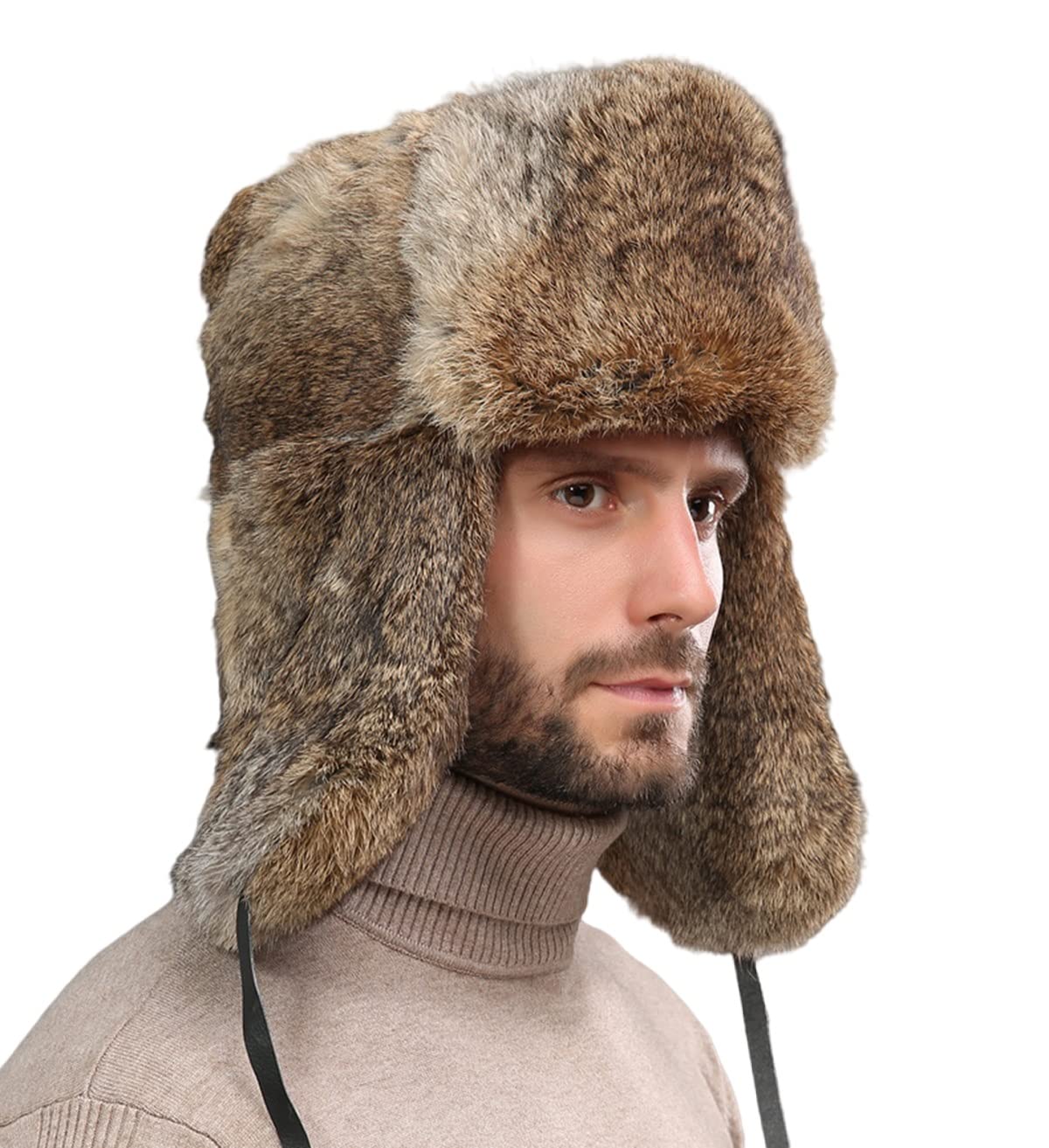 Mens Hat Genuine Rabbit Hair Ushanka Winter Hat Trapper Hats Ear Flaps Warm Natural Brown M