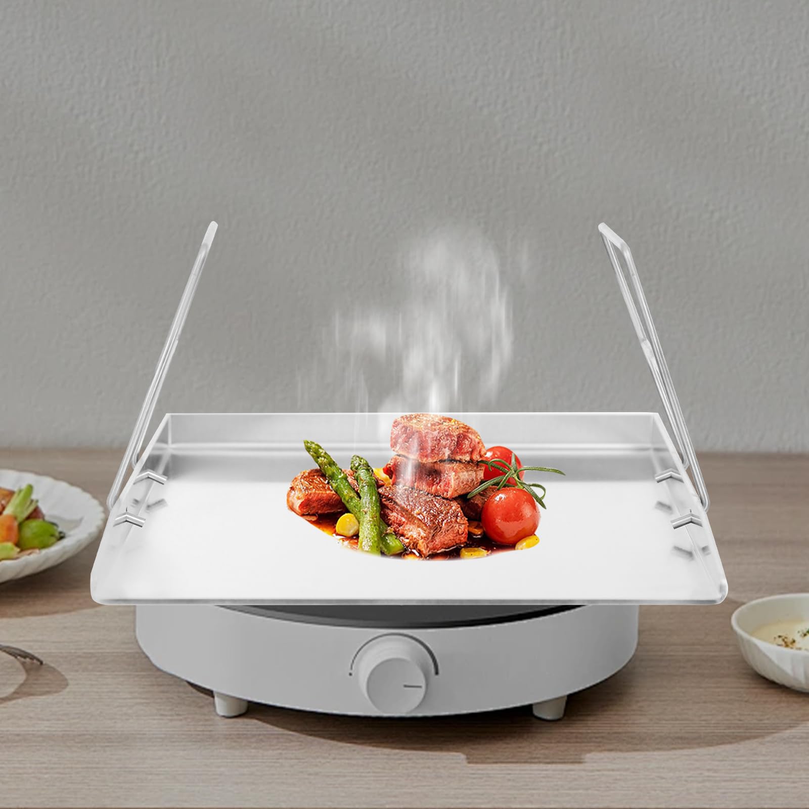 Plancha plana de acero inoxidable de 40 x 30 cm con asas y agujeros, 4 mm de grosor, apta para lavavajillas e inoxidable, parrilla duradera para carne, pescado, tortillas para carbón vegetal, barbacoa